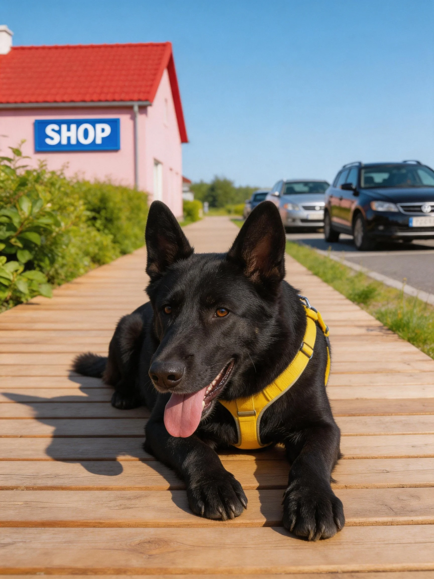 A black dog with yellow harness lies on a wooden walkway beside a pink shop