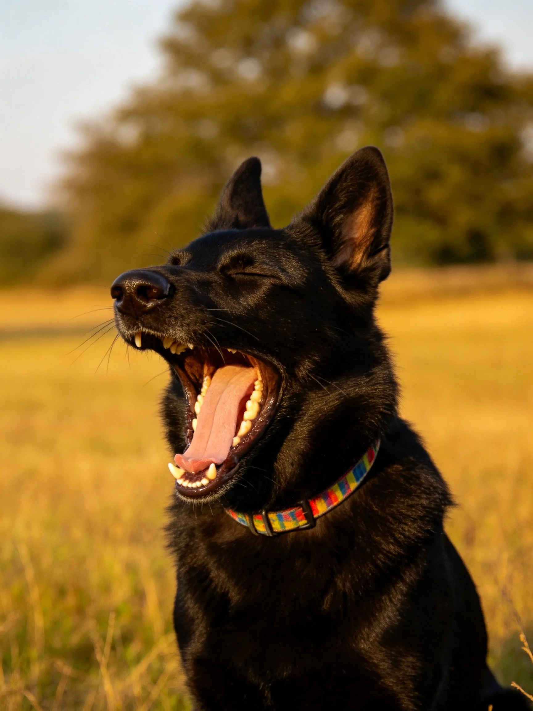 A black dog yawns with a colorful collar in a golden field