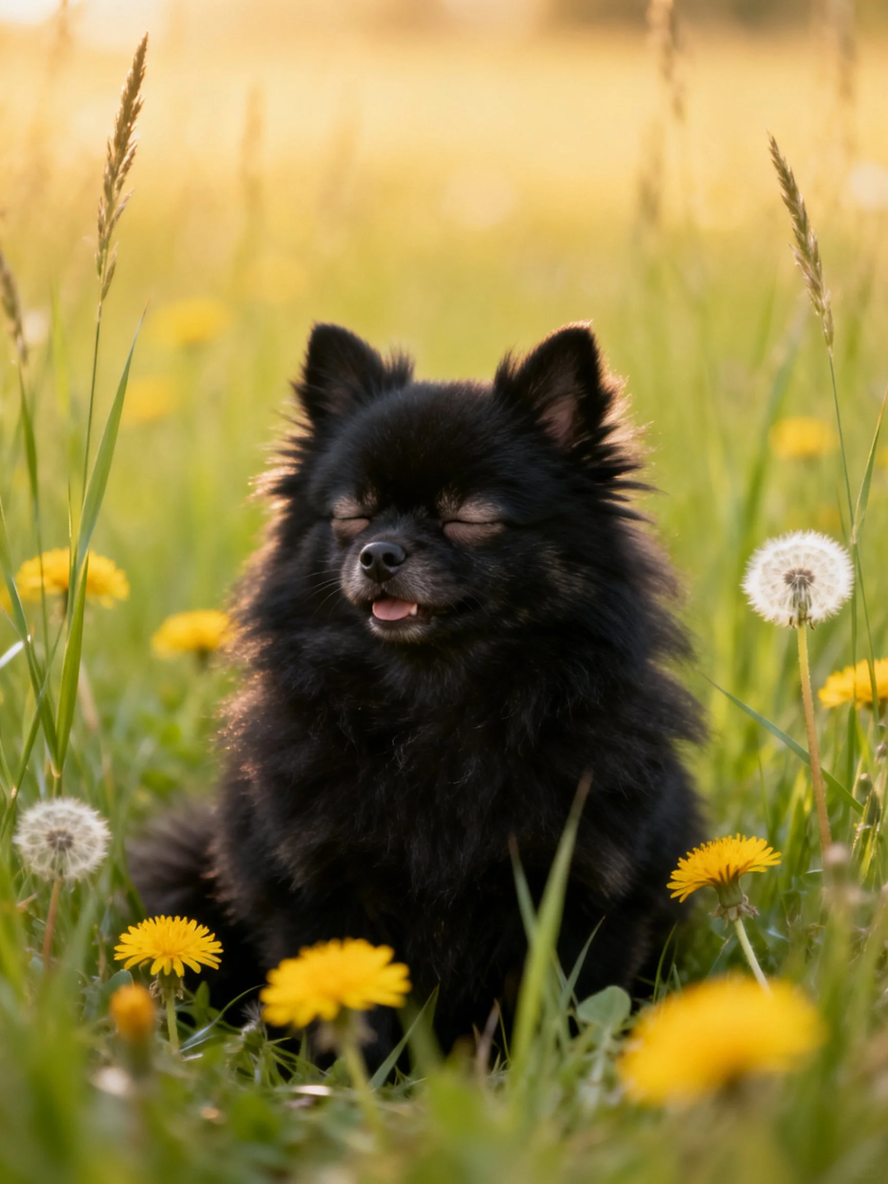 A black dog relaxes among yellow flowers and dandelions in a sunlit meadow.