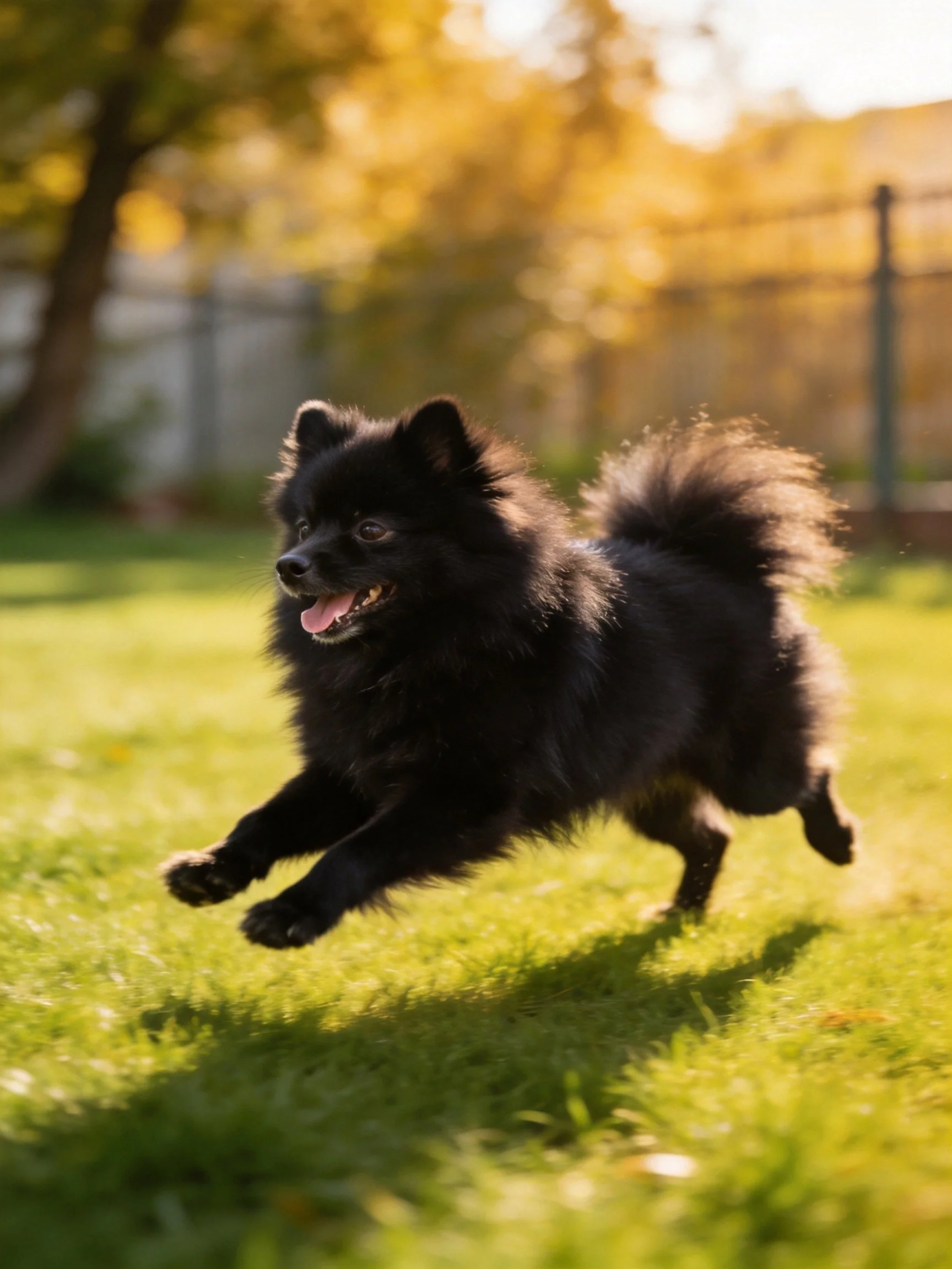 A black fluffy dog runs joyfully on green grass under golden sunlight
