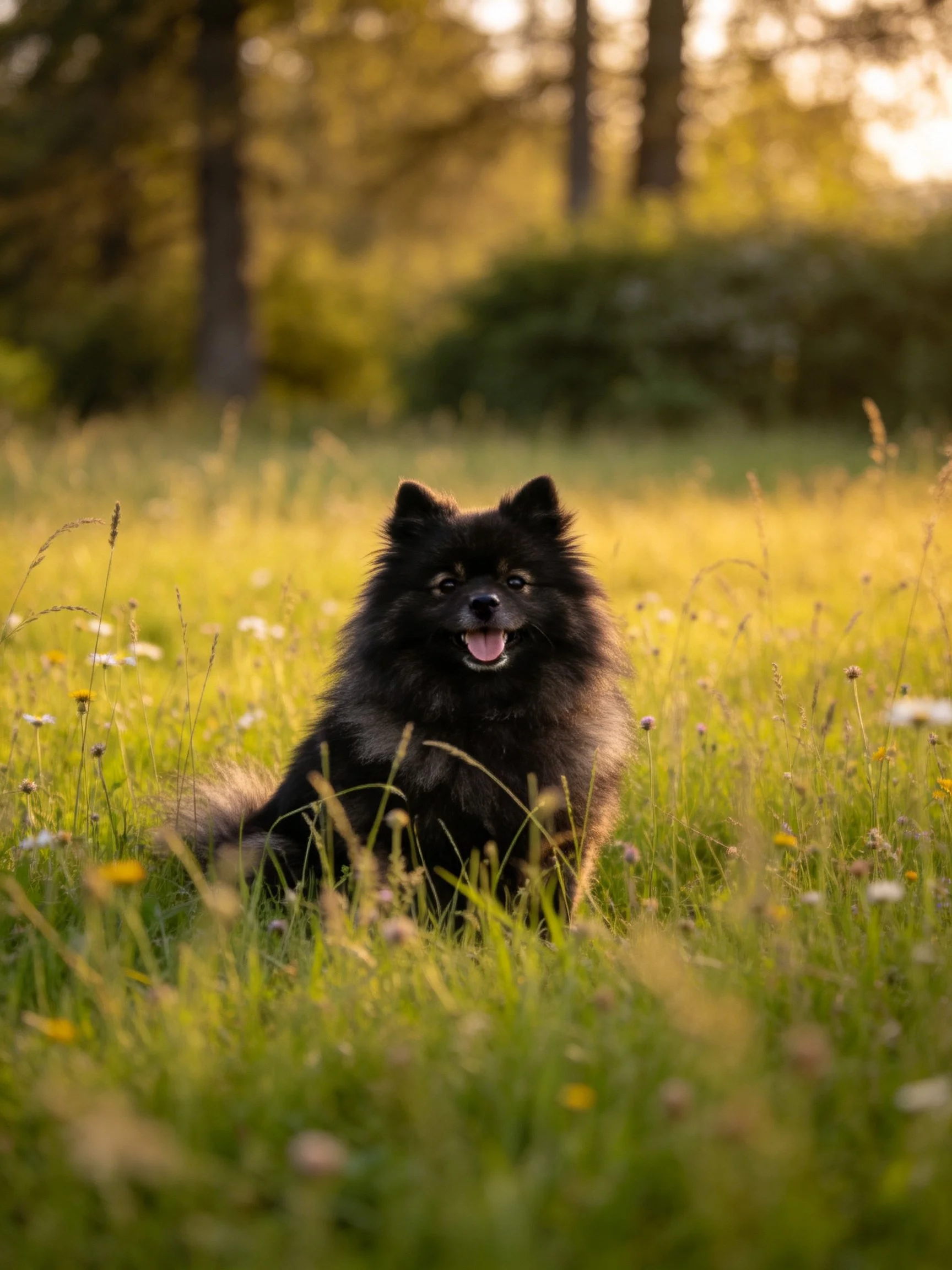 A black fluffy dog rests in a sunlit meadow filled with tall grass and wildflowers.