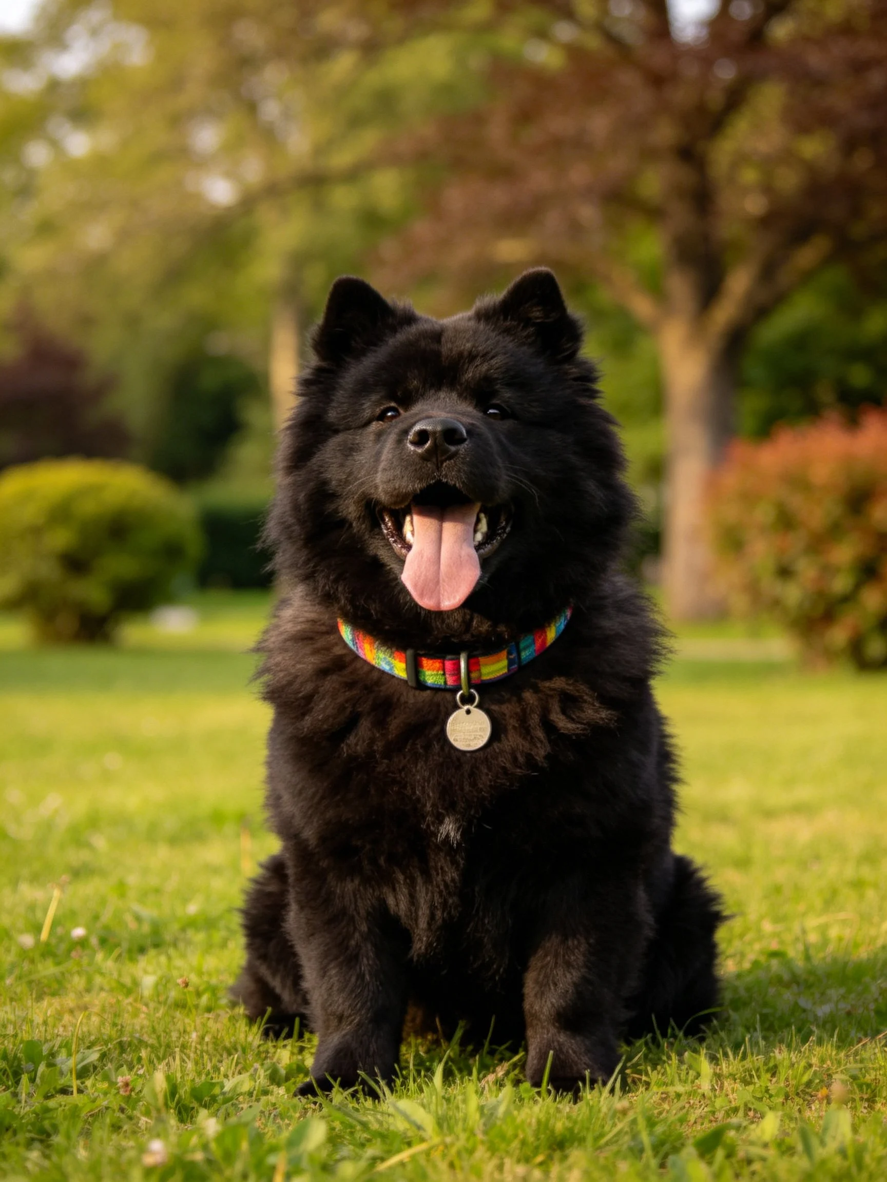 A black fluffy dog relaxes on green grass in an sunny park.