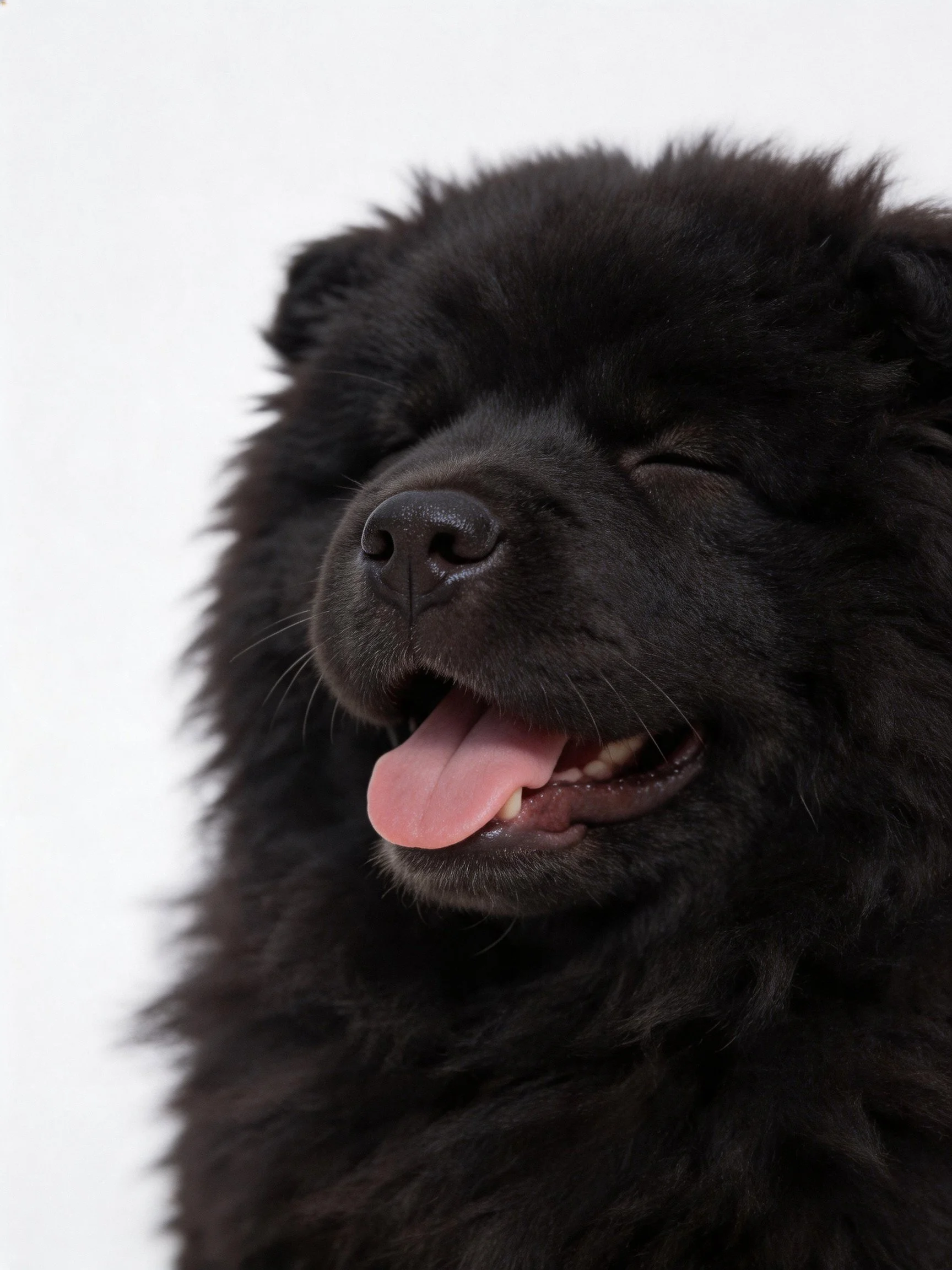 A black fluffy dog with closed eyes and pink tongue