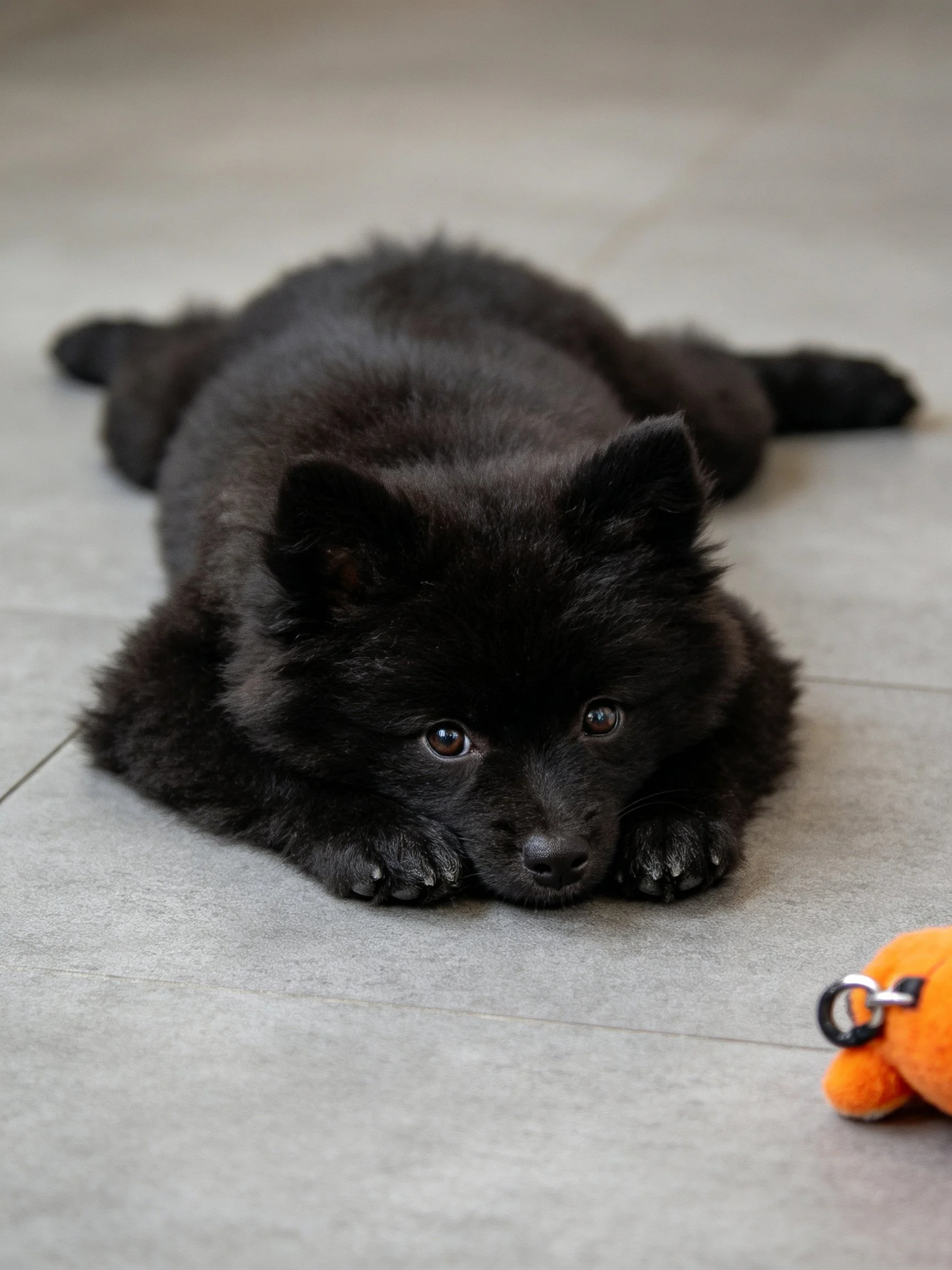 A black fluffy puppy lies on tiled flooring beside an orange plush toy