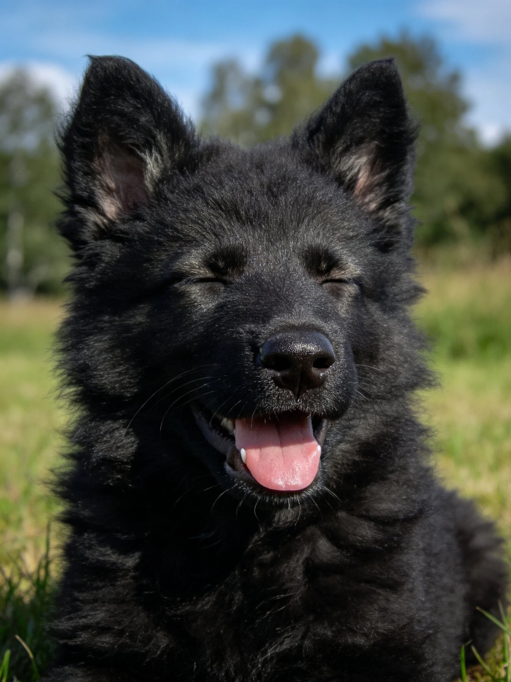 A black furry dog relaxing on grassy field with trees