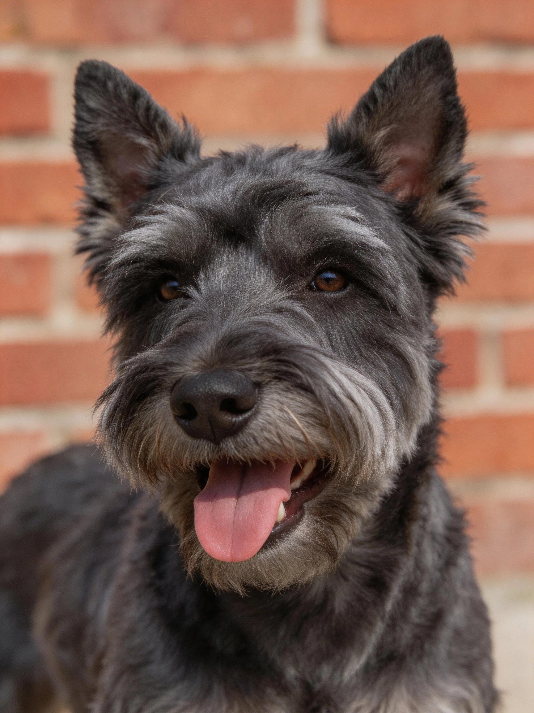 A black-gray terrier with upright ears near a red brick wall