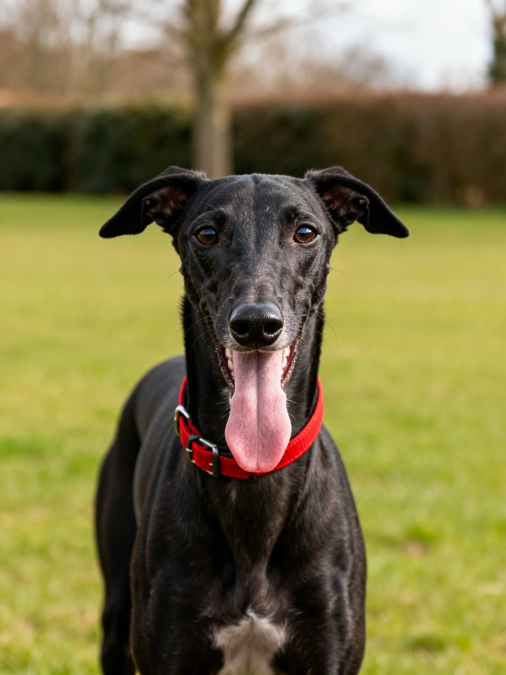 A black greyhound with a red collar on green grass