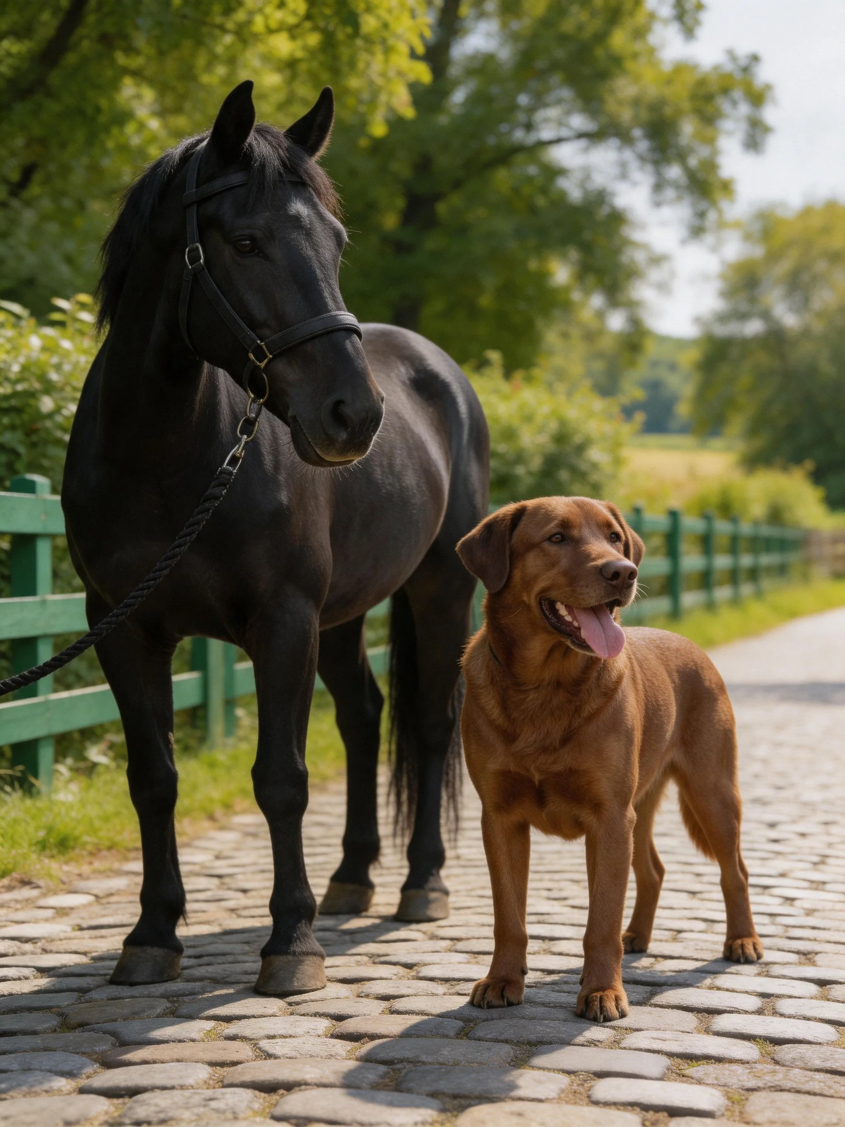 A black horse and a brown dog stand together on a cobblestone path near a green fence