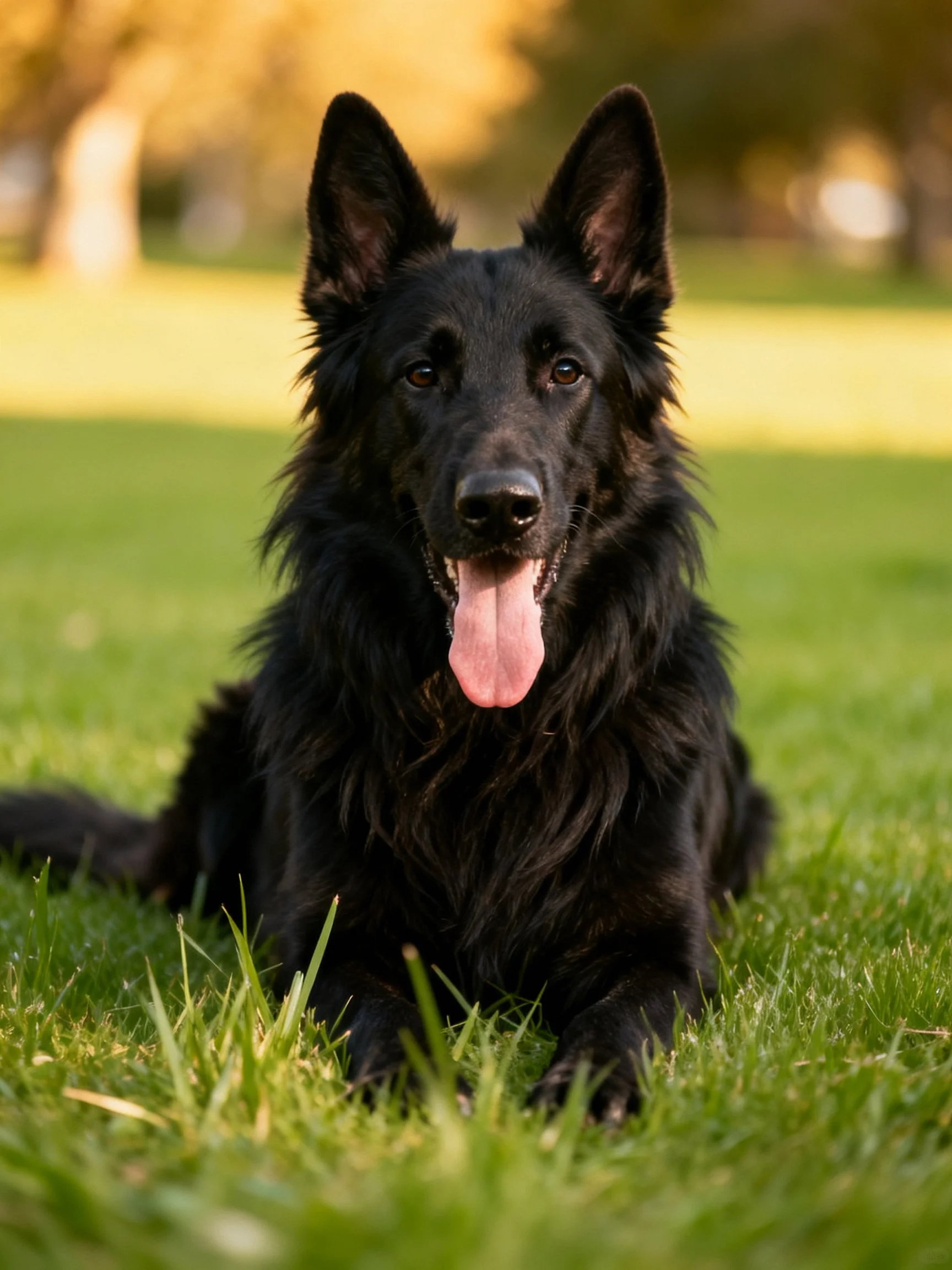 A black long-haired dog resting on green grass outdoors