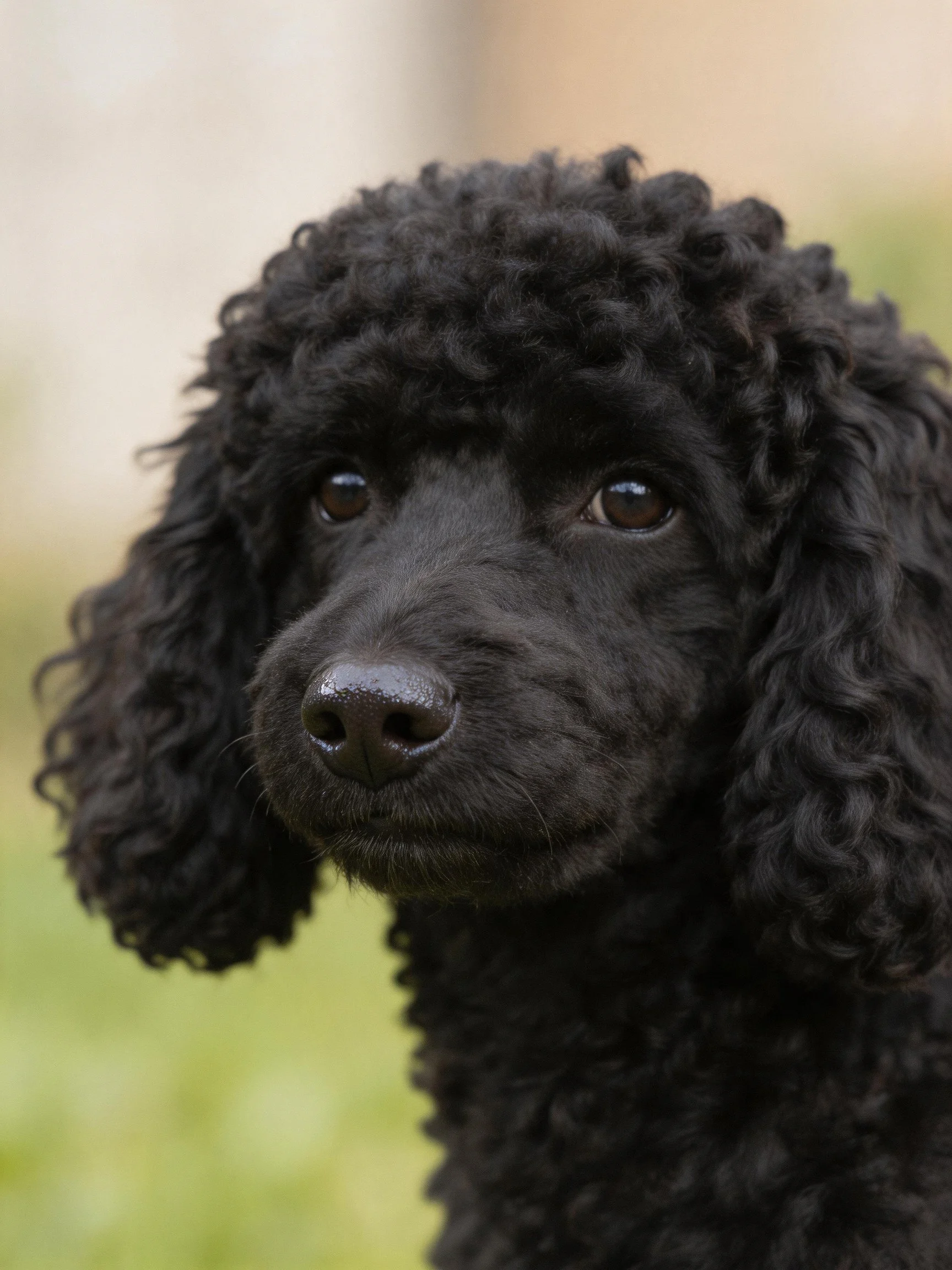 A black poodle puppy with curly fur in an outdoor setting