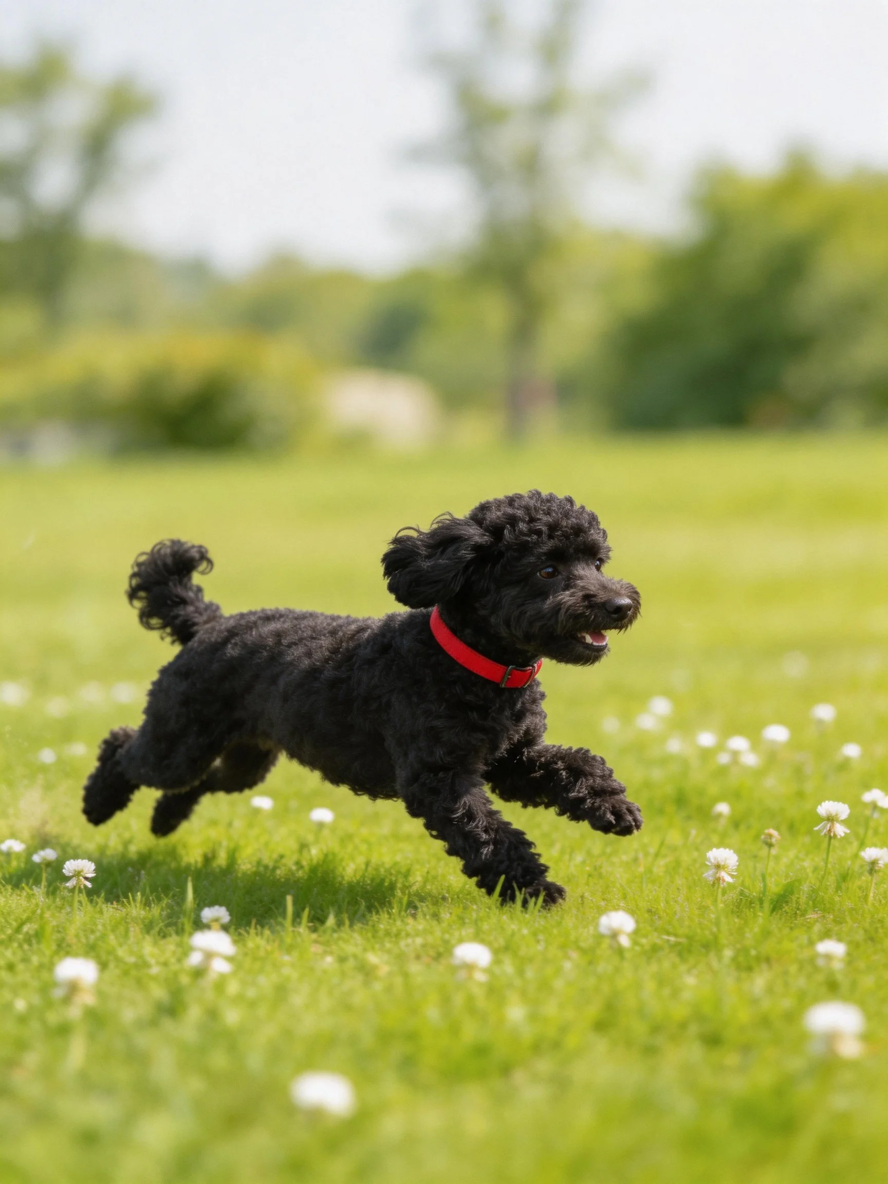 A black poodle runs through a flowered grassy field