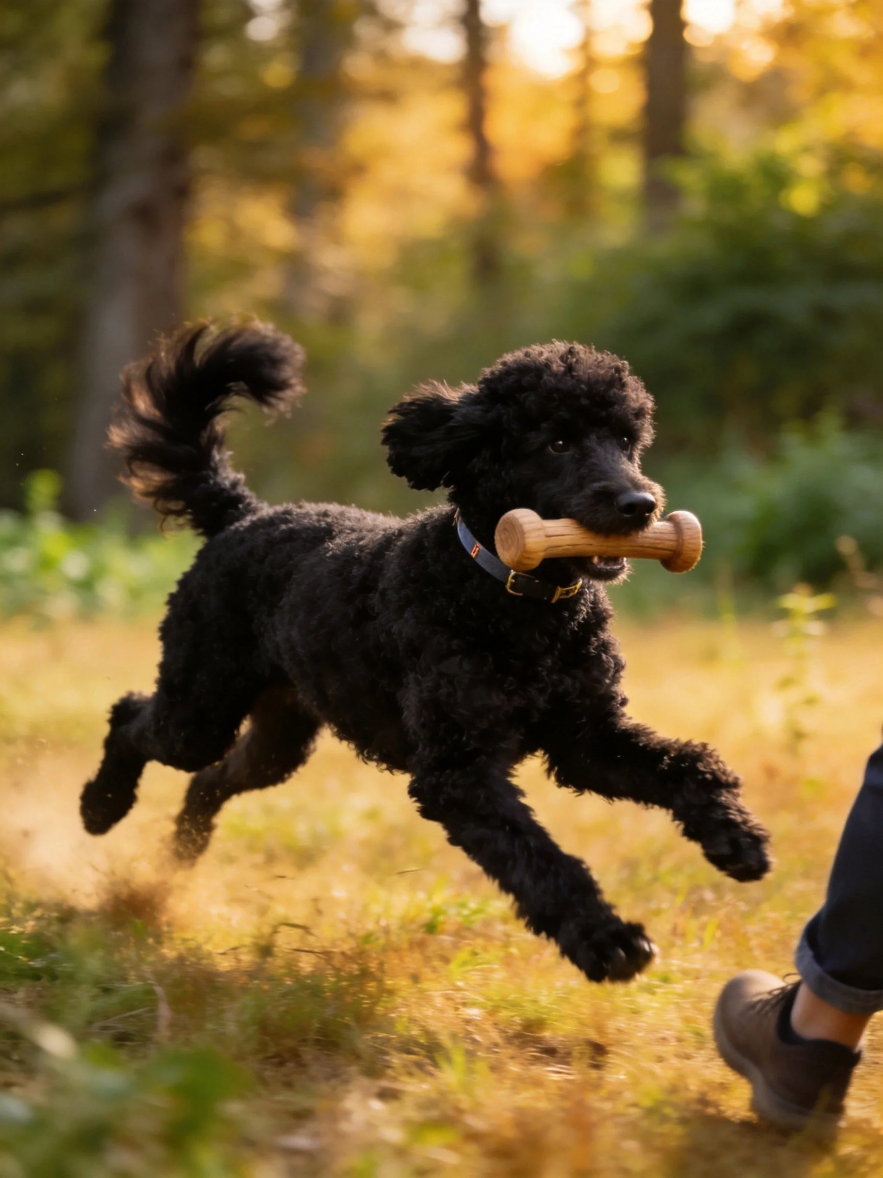 A black poodle runs with a wooden toy in a sunlit forest