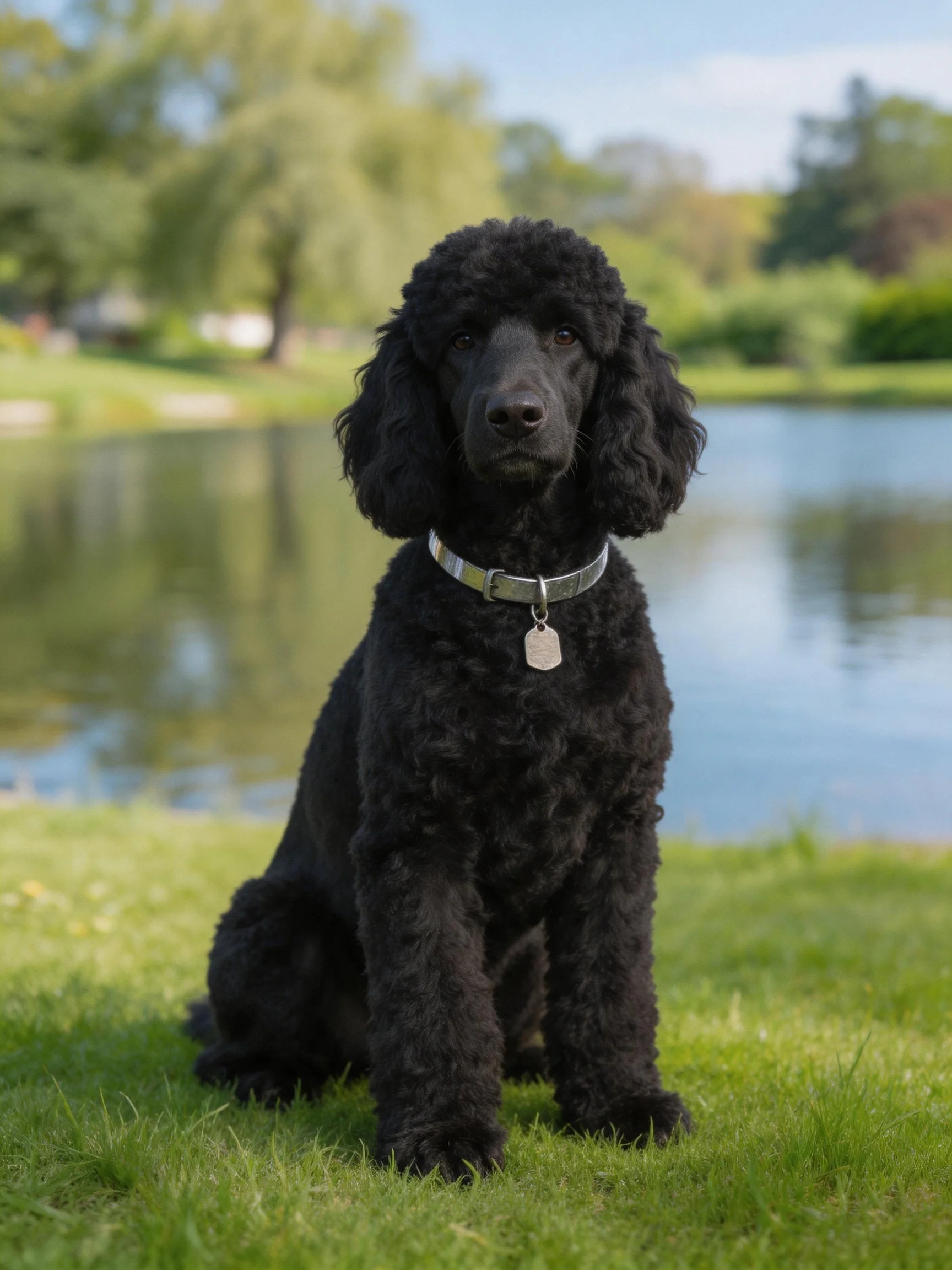 A black poodle sits on green grass near a calm lake