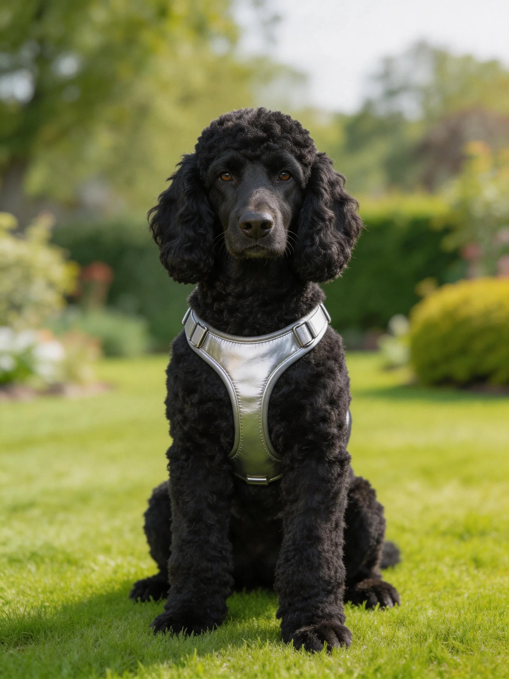 A black poodle sits on green grass wearing a silver harness