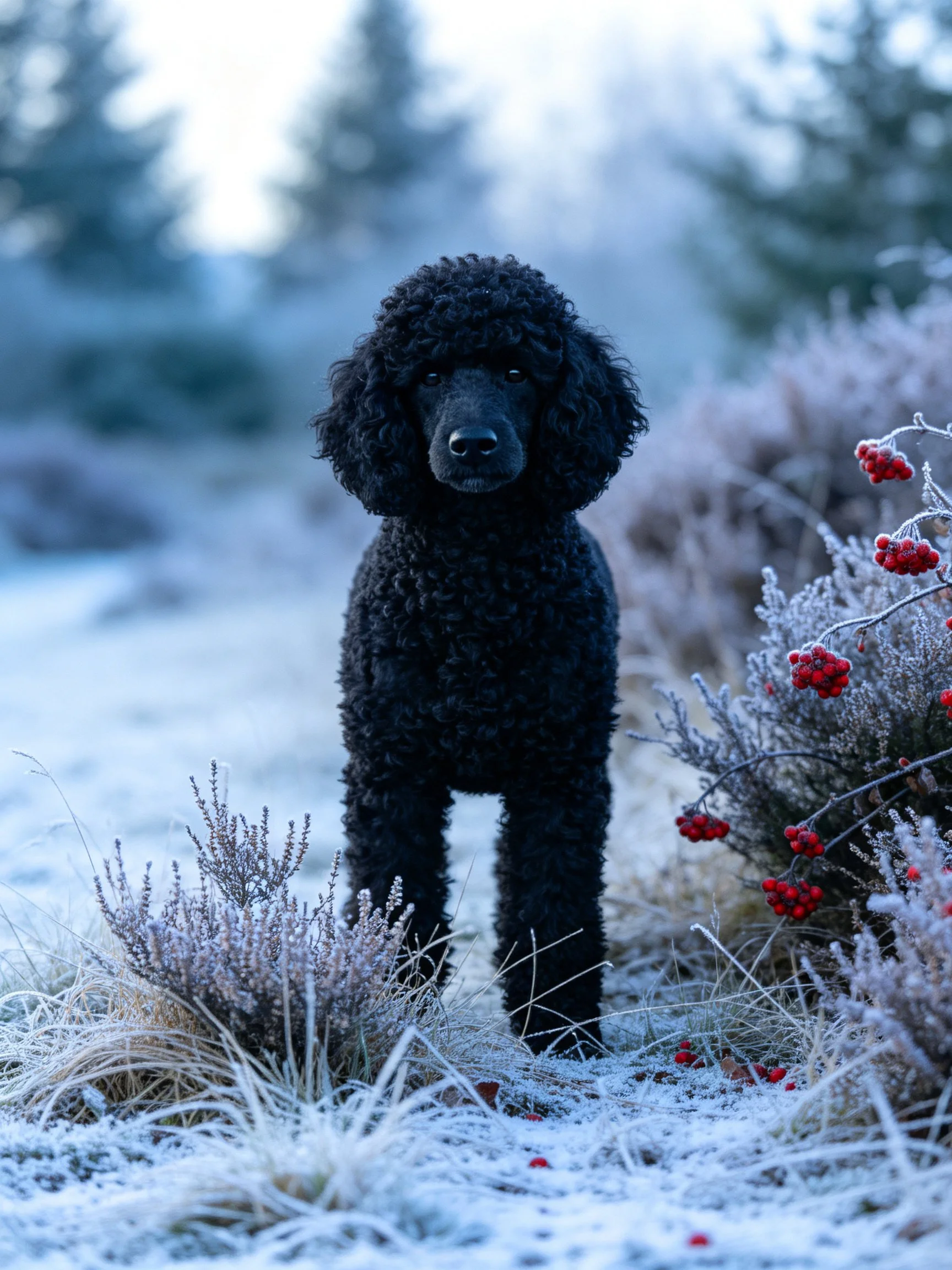 A black poodle stands amid frosty vegetation and red berries