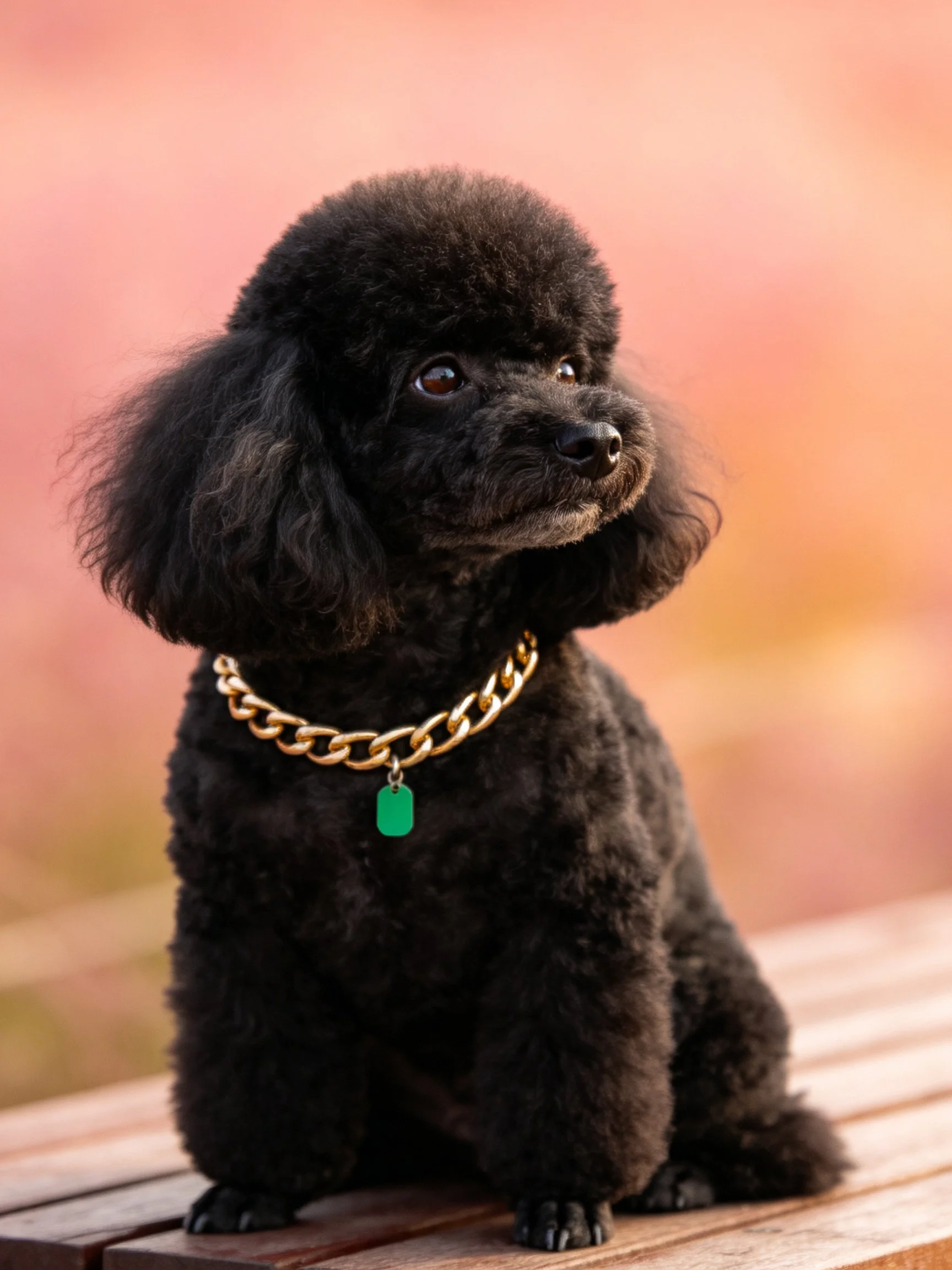 A black poodle wearing a gold chain collar rests on wood amid a softly blurred pink-orange backdrop.