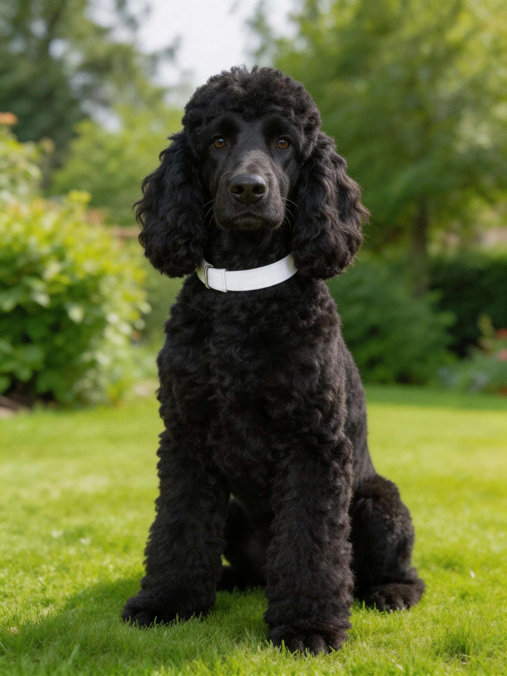 A black poodle with curly fur sitting on green grass
