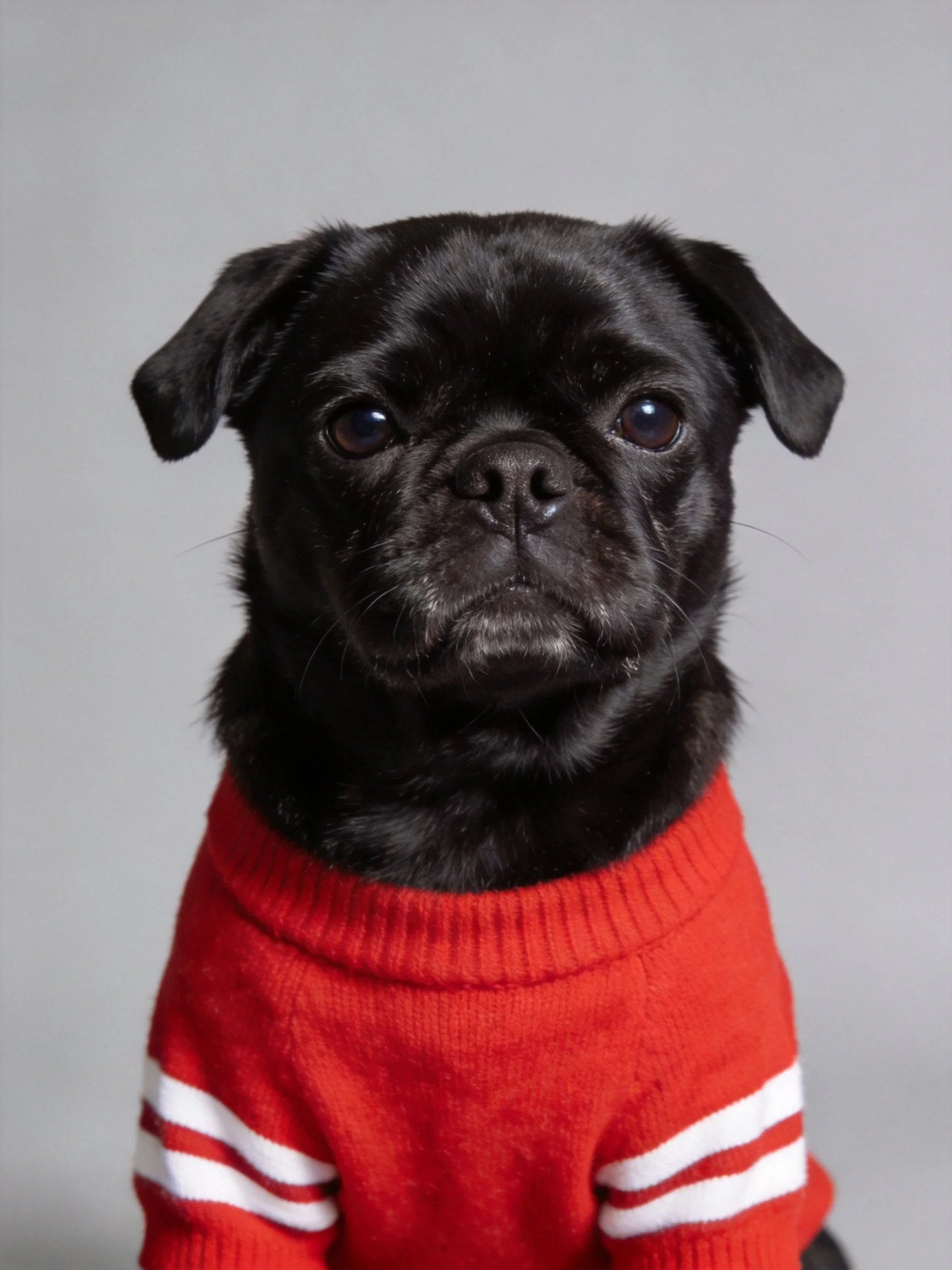 A black pug dog wearing a bright red sweater with white stripes
