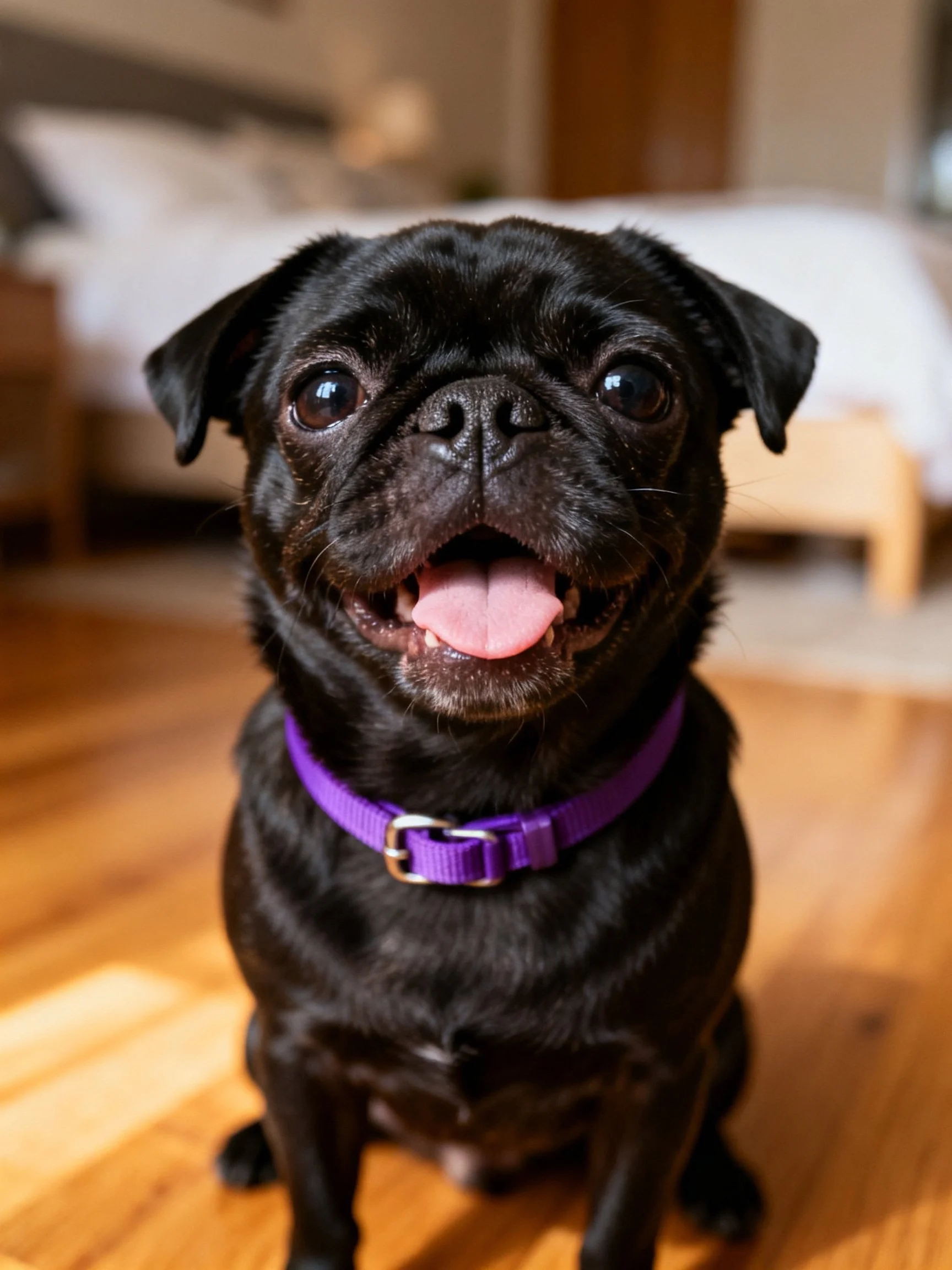 A black pug dog with a purple collar sits indoors