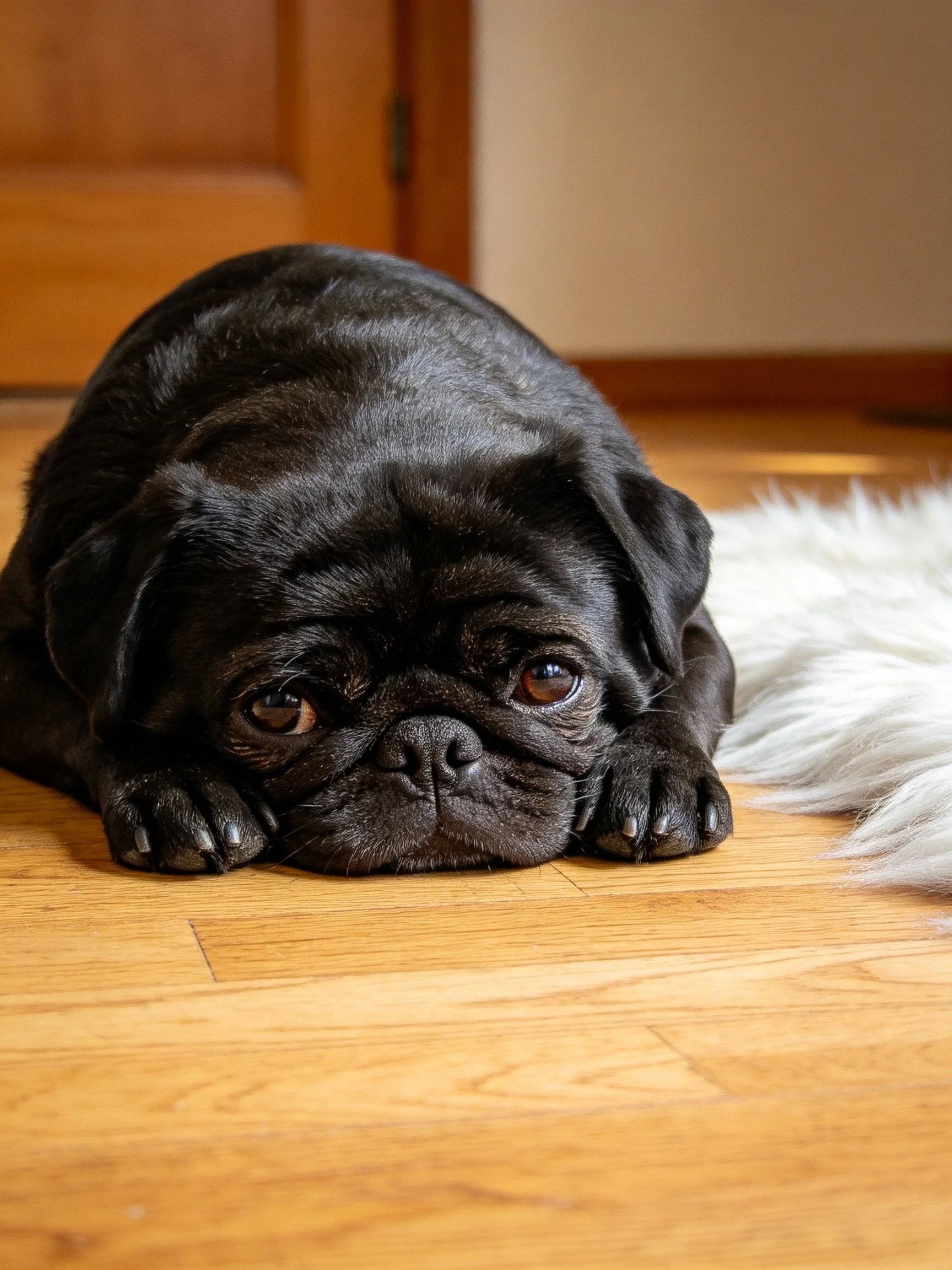 A black pug resting on a wooden floor beside a white rug