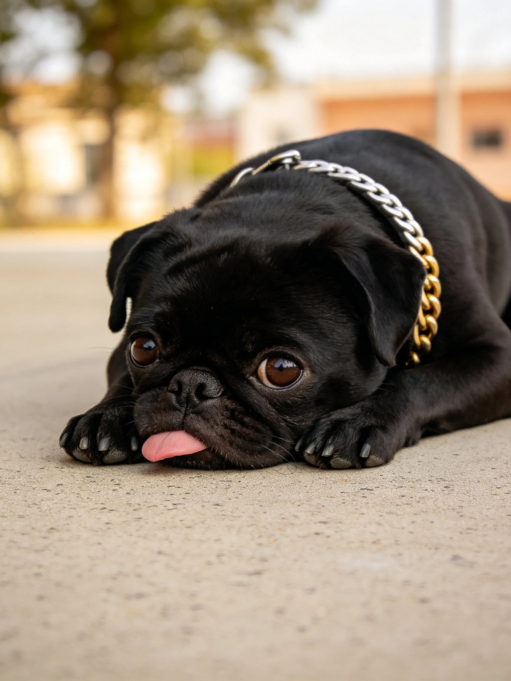 A black pug rests on a concrete surface wearing a silver-gold chain collar.