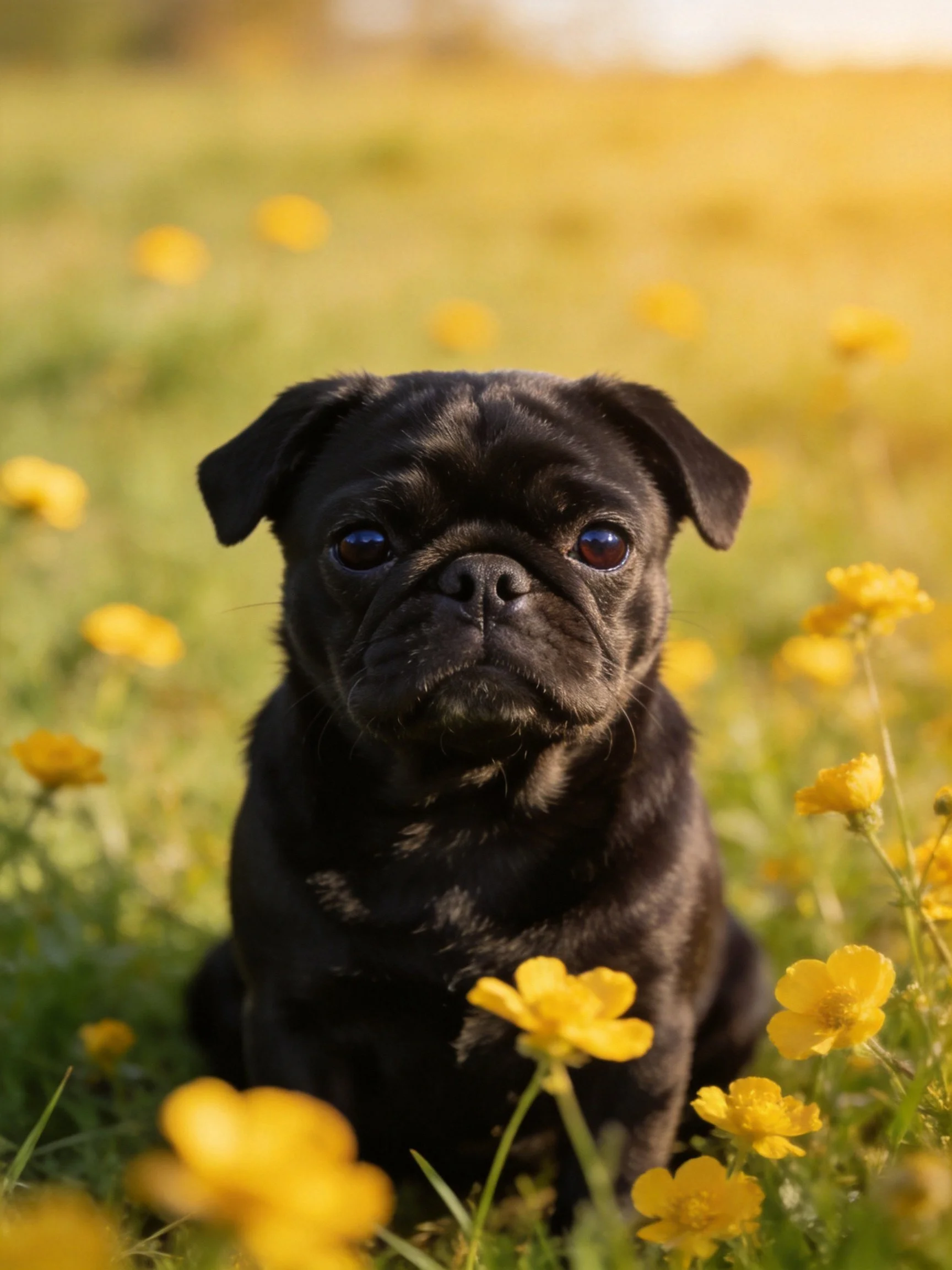 A black pug sits among yellow wildflowers in a sunlit meadow