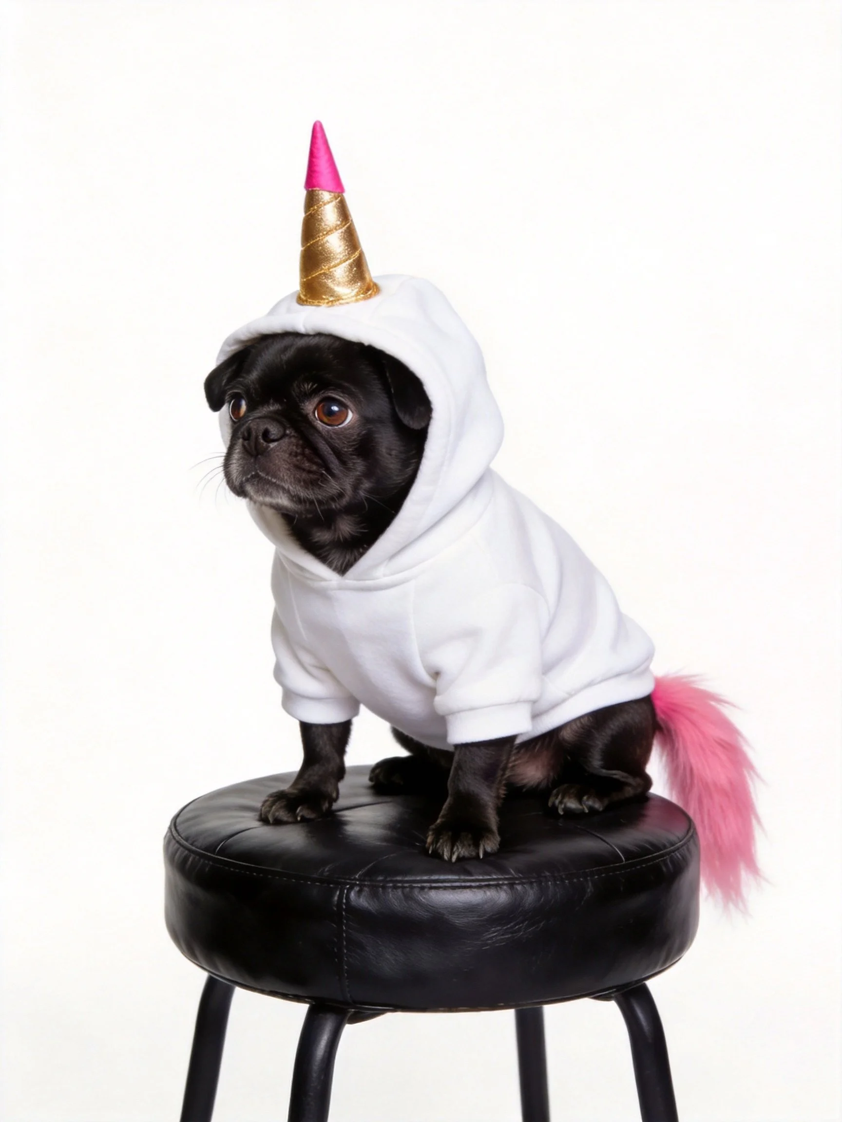 A black pug sits on a stool in a unicorn hoodie