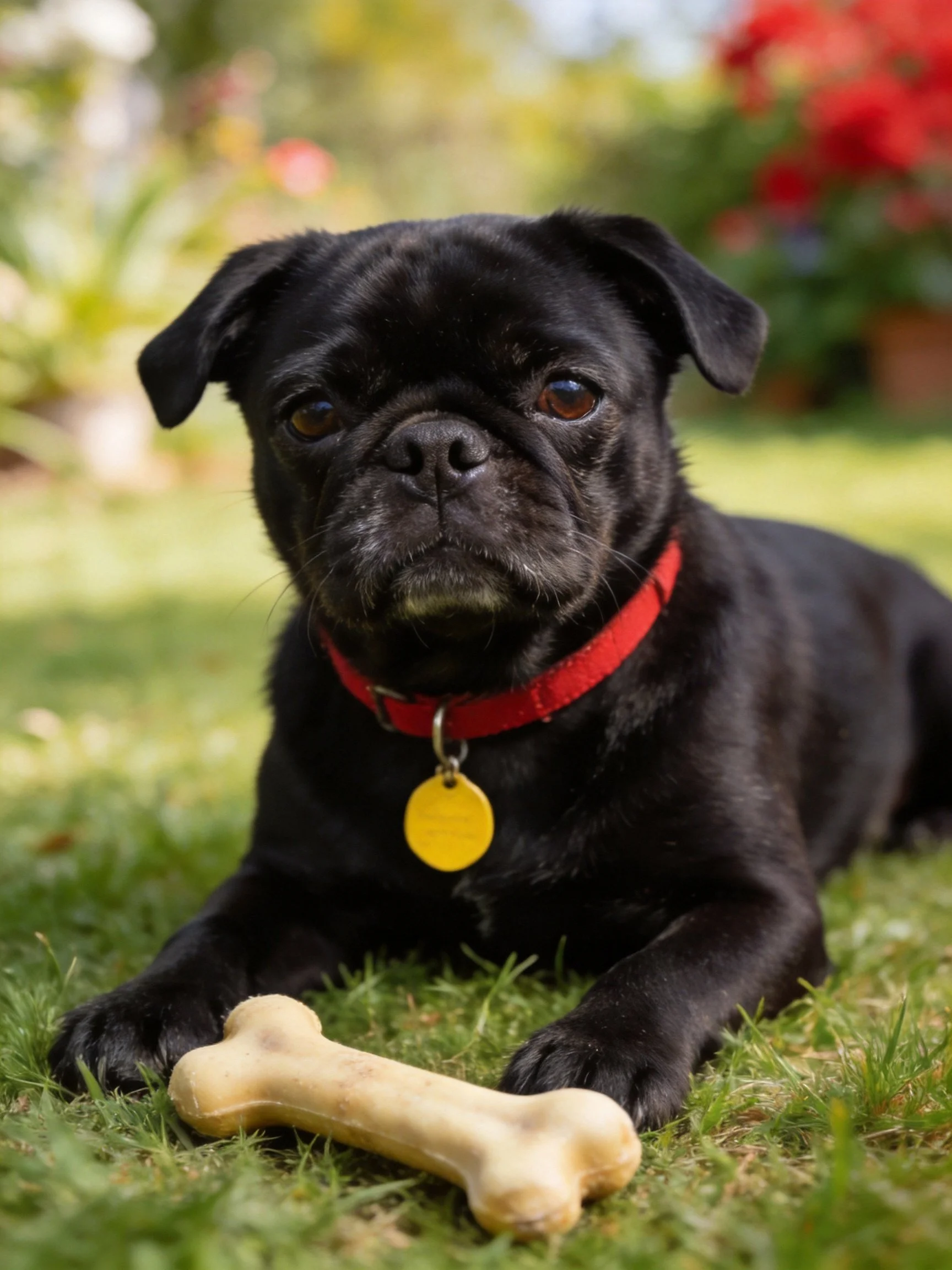 A black pug with a red collar rests by a bone on grass