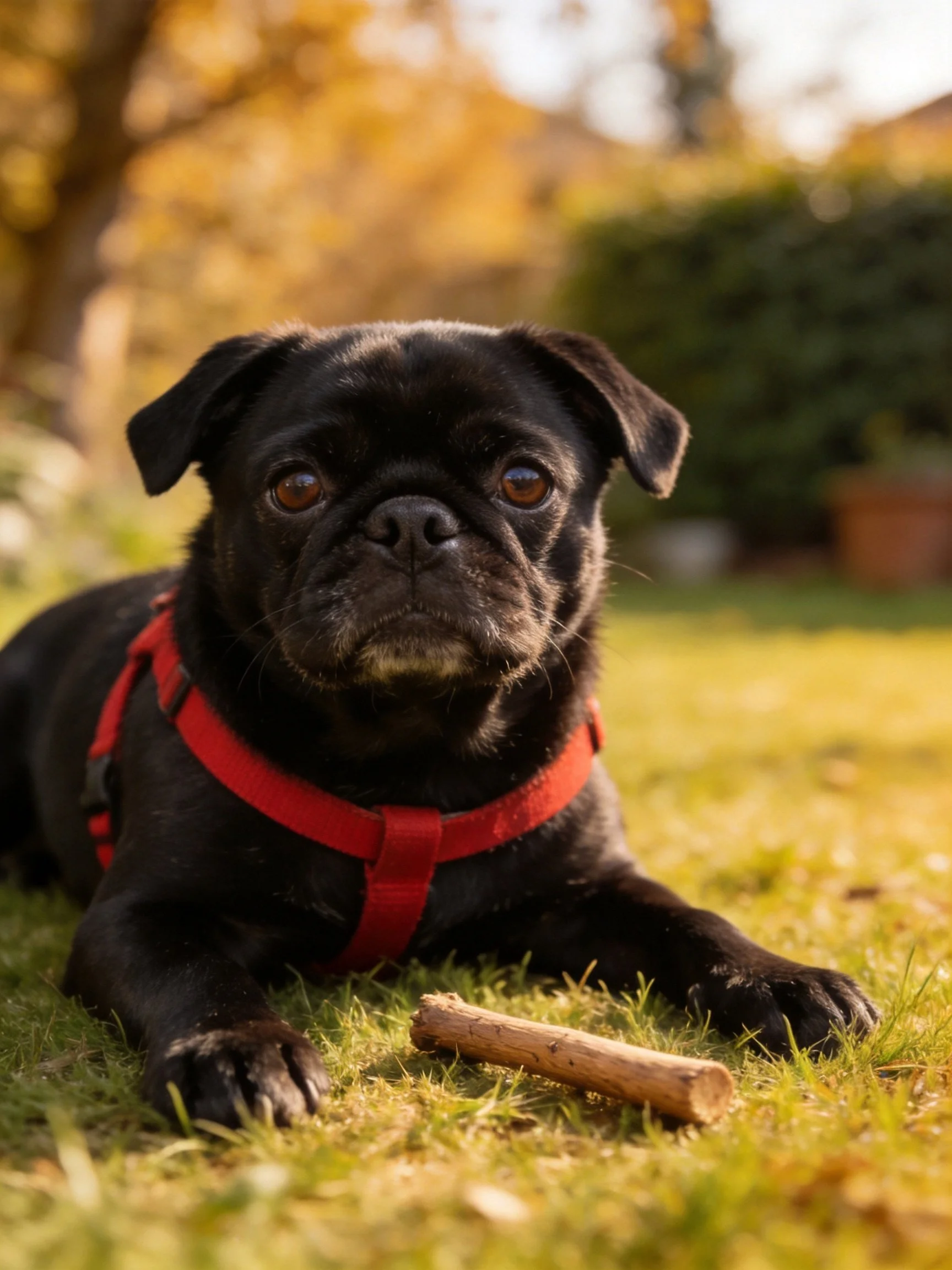 A black pug rests on grass near a wooden toy in a sunny outdoor area.