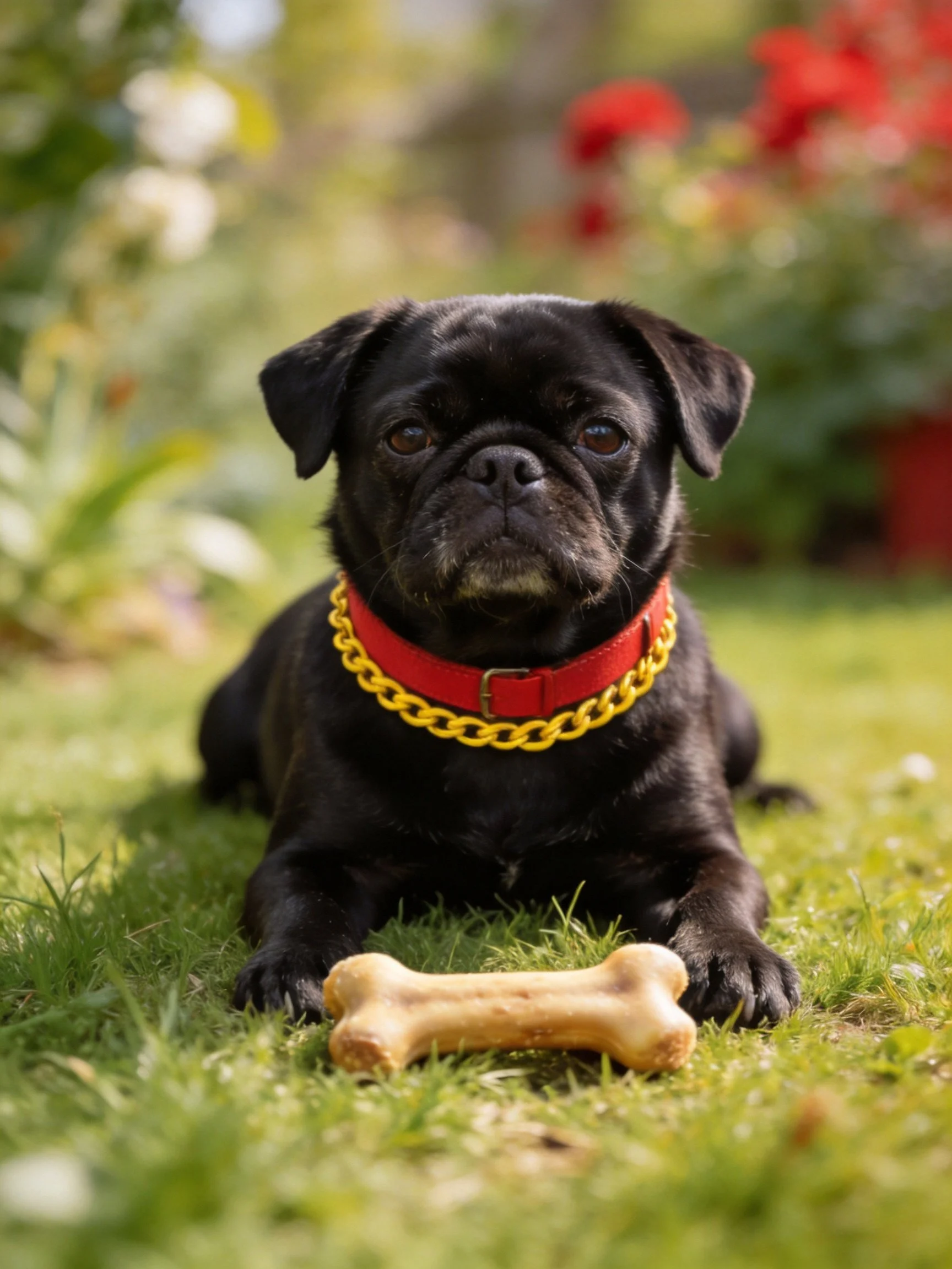 A black pug with a red collar relaxes on grass next to a dog bone.