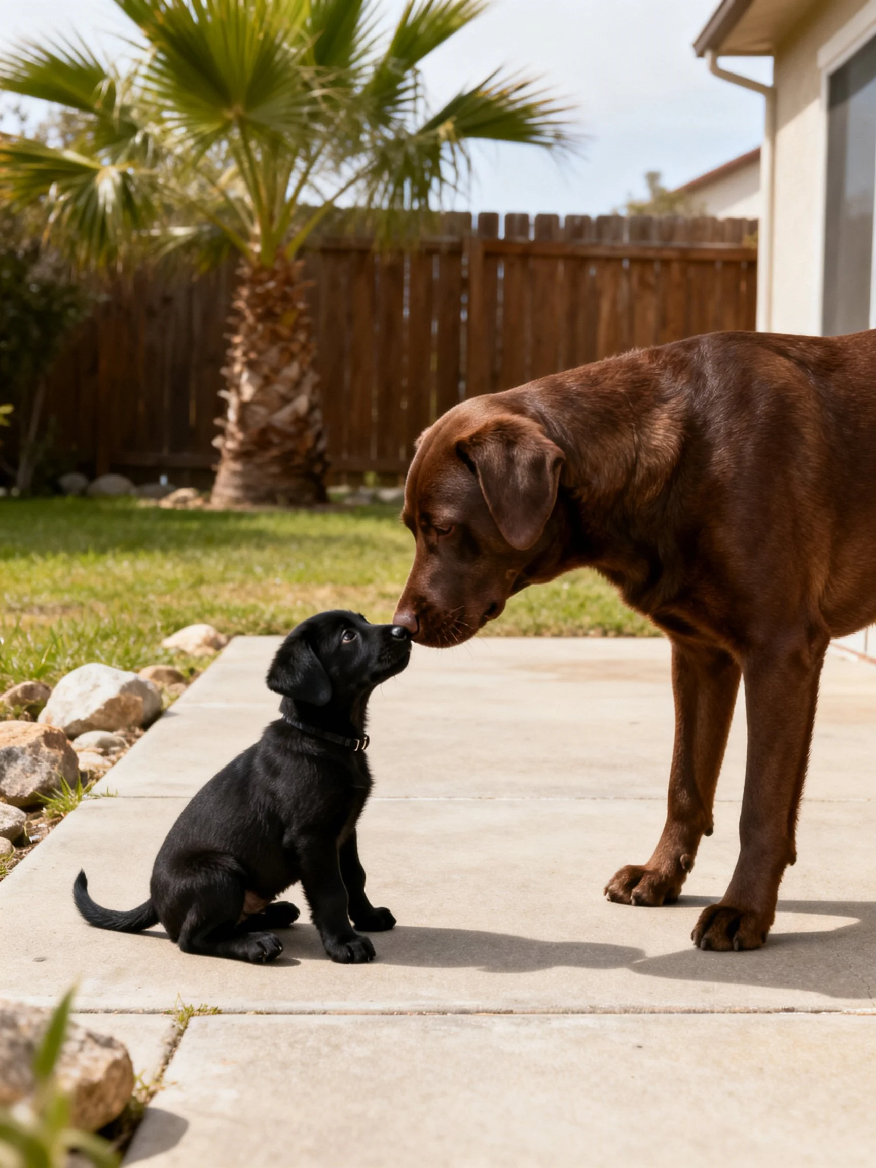 A black puppy and brown dog interact on a sunny patio near a wooden fence