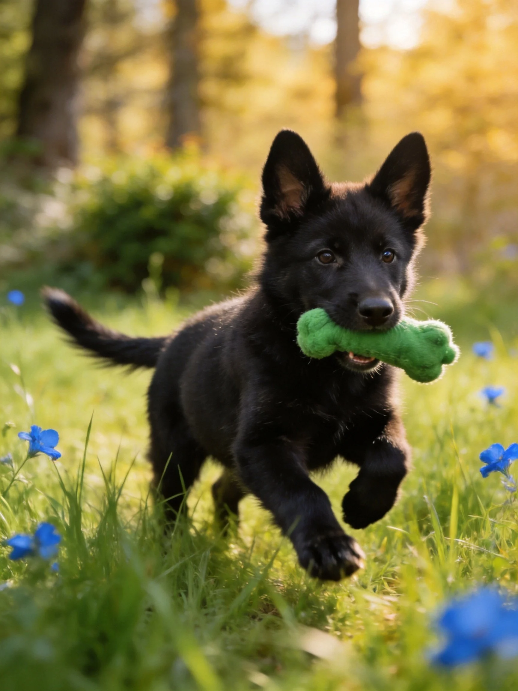 A black puppy carrying a green toy in a grassy field with blue flowers