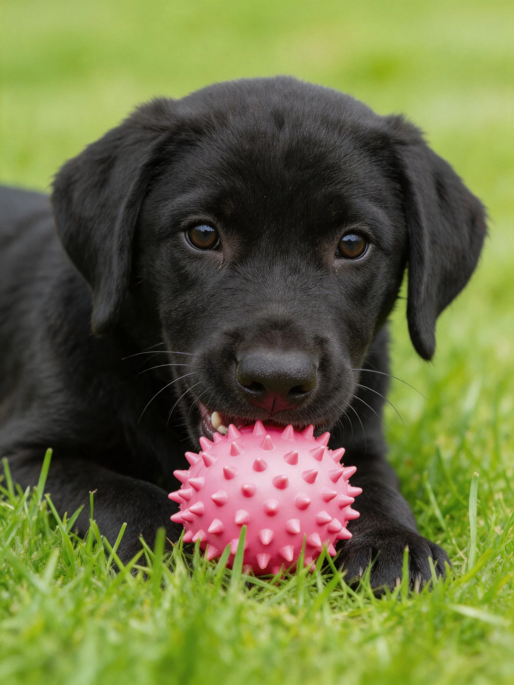 A black puppy chewing a pink spiked ball on green grass