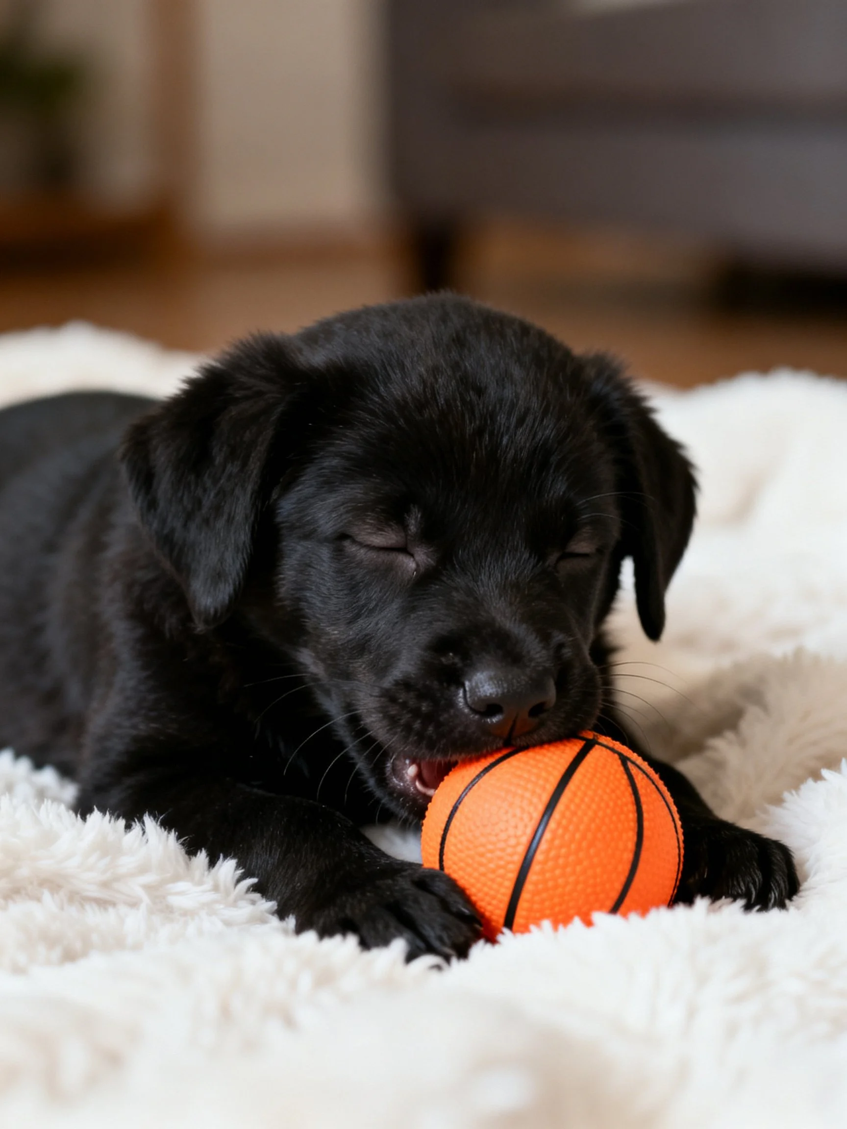 A black puppy chewing an orange basketball on a white blanket