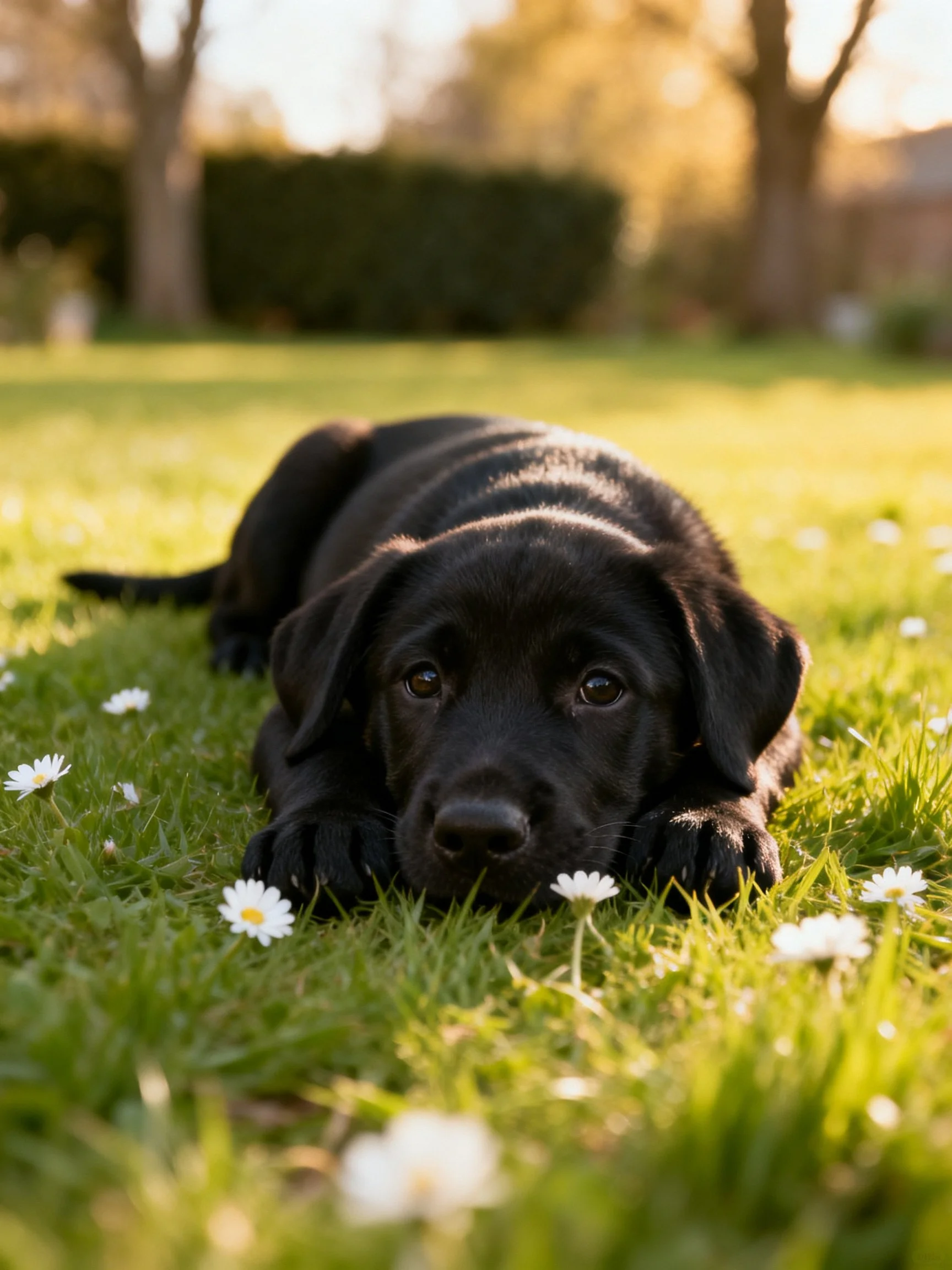A black puppy lies on green grass with white daisies