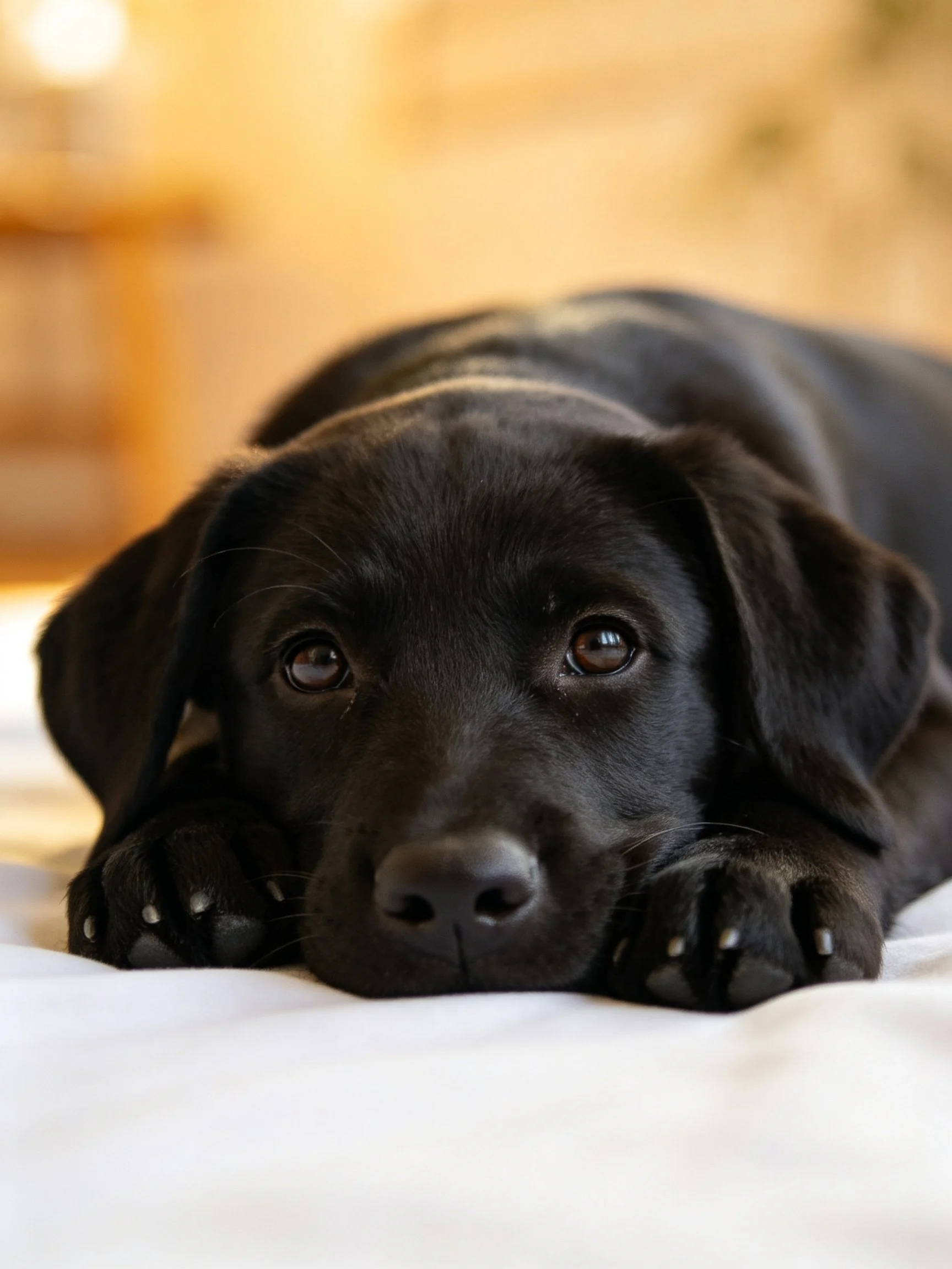 A black puppy lying on a white surface with warm lighting