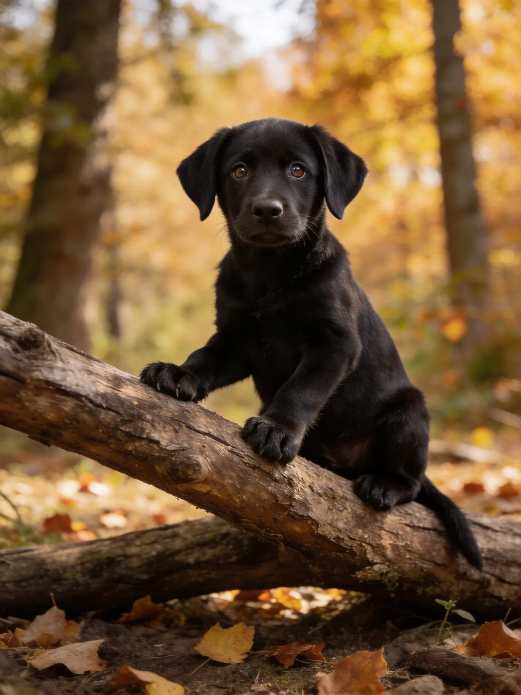 A black puppy sits on a log in a sunlit autumn forest.