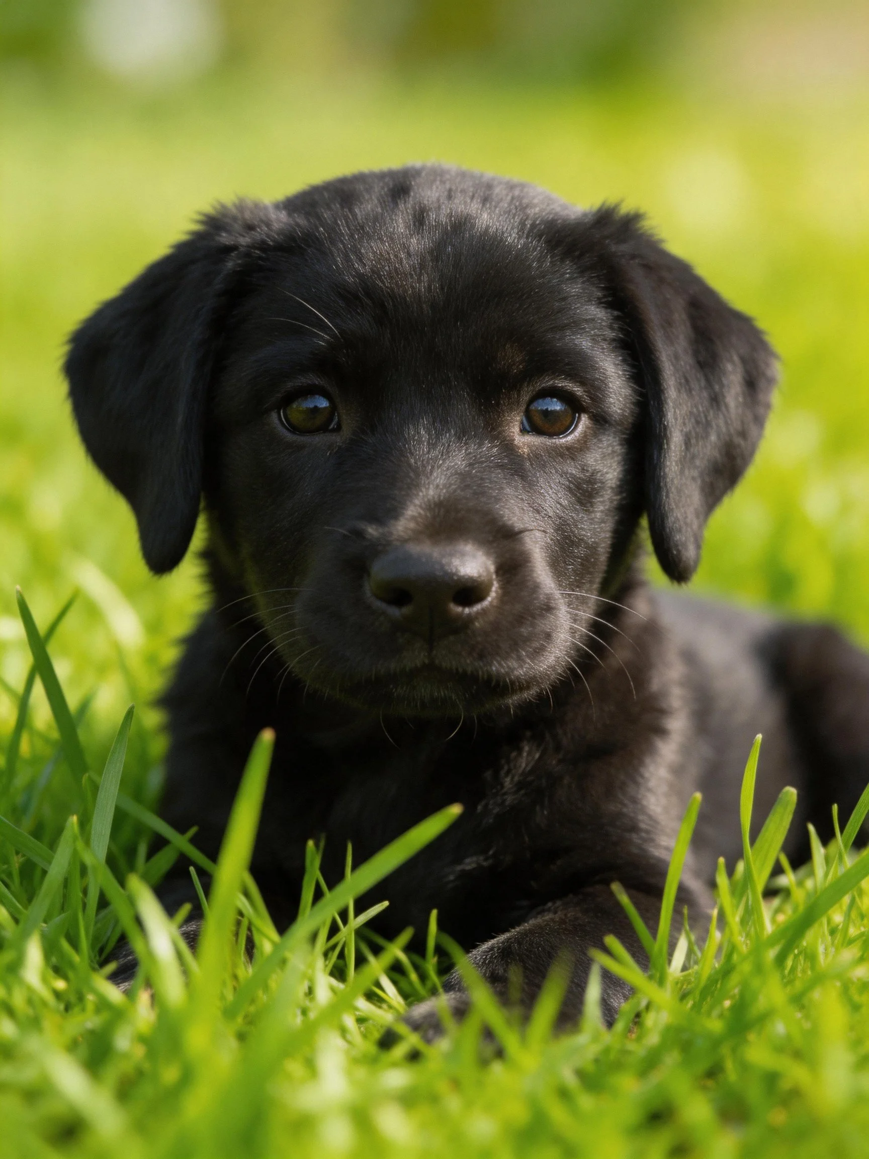 A black puppy lies calmly amid lush green grass.