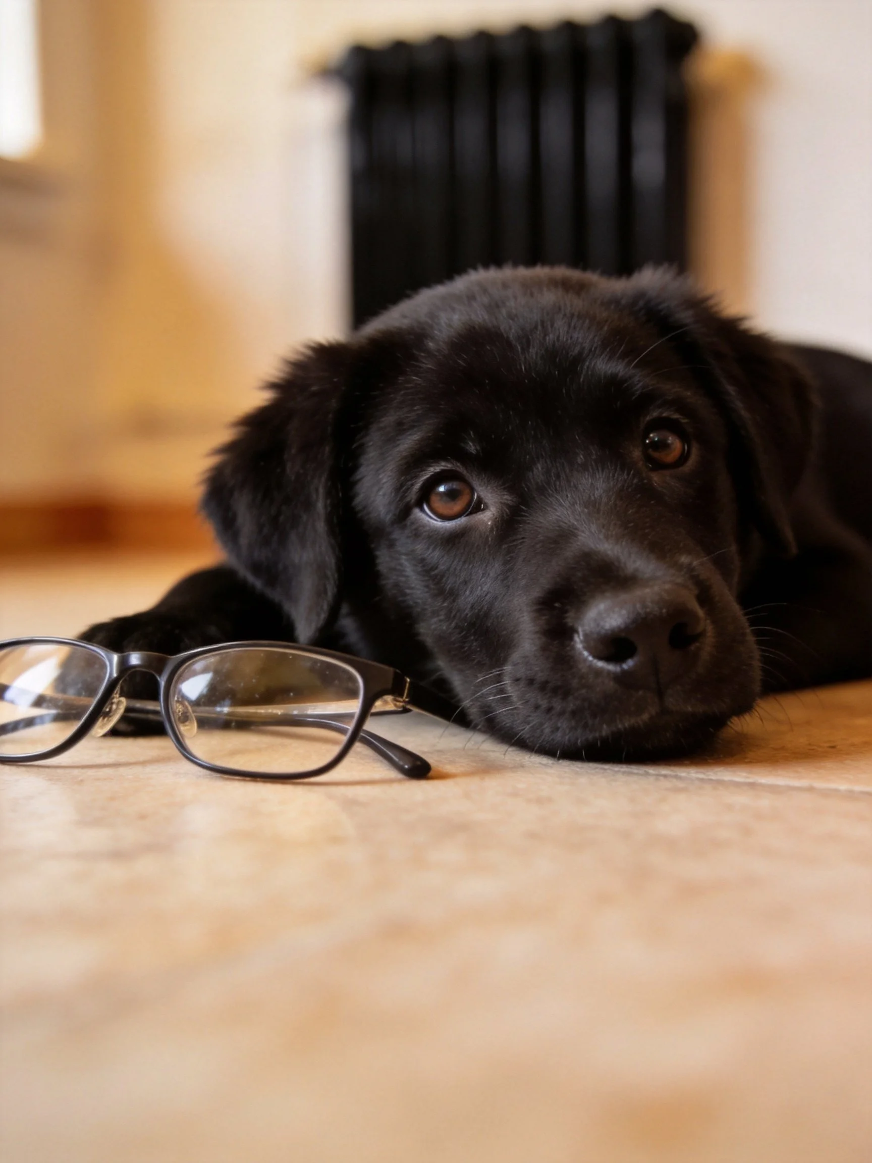 A black puppy rests beside eyeglasses on a tiled floor