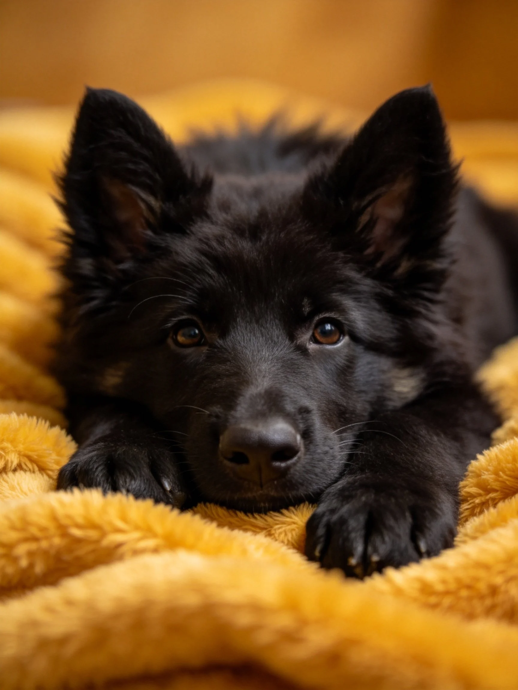 A black puppy relaxes on a soft, golden blanket.