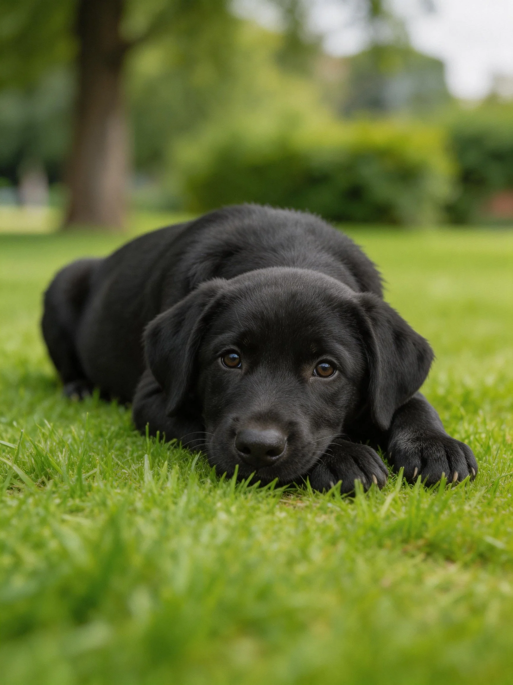 A black puppy rests peacefully on green grass in a natural outdoor setting.