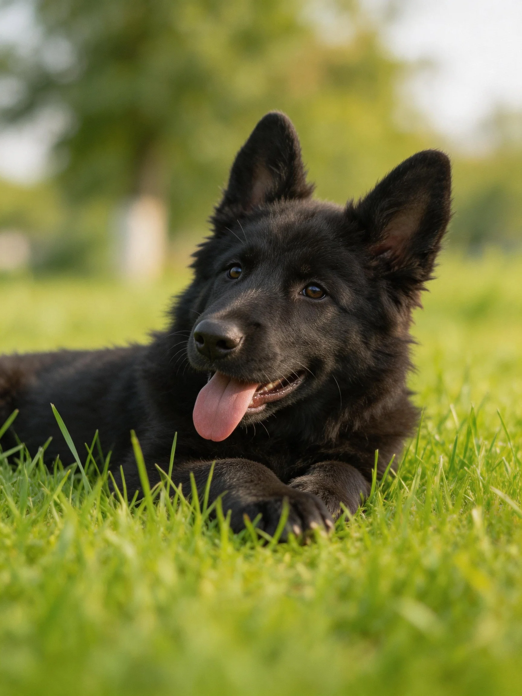 A black puppy relaxes on lush green grass in an outdoor setting.