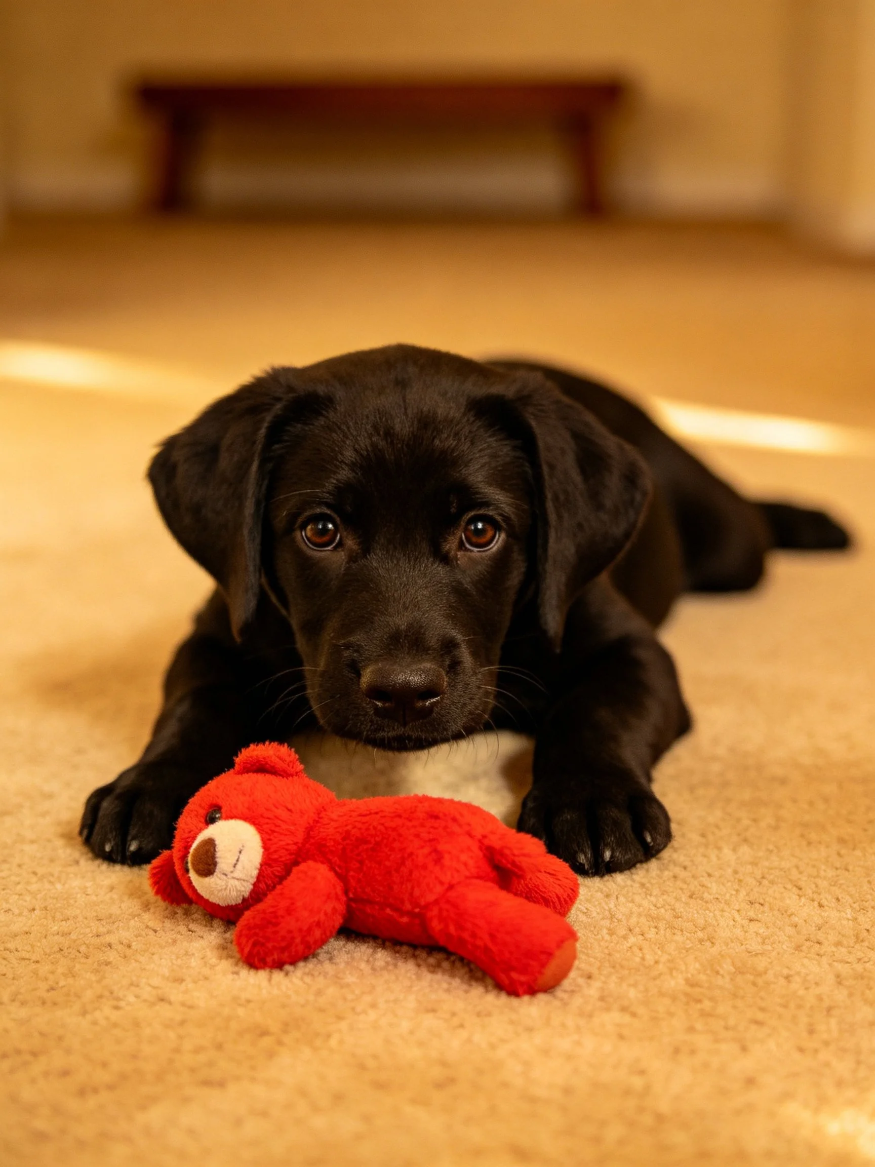 A black puppy rests beside a bright red stuffed bear on a beige carpet