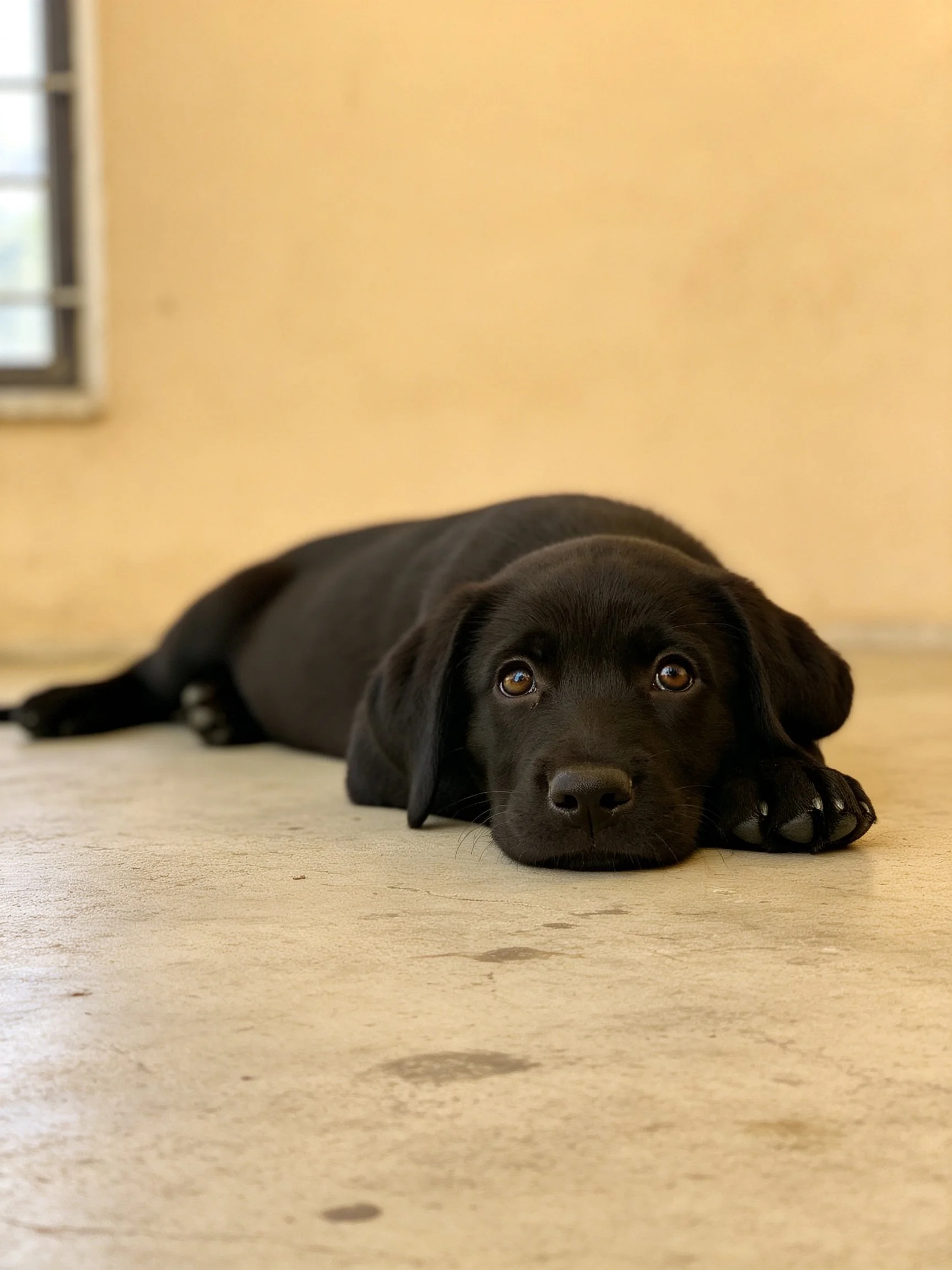 A black puppy rests on a concrete floor near a beige wall