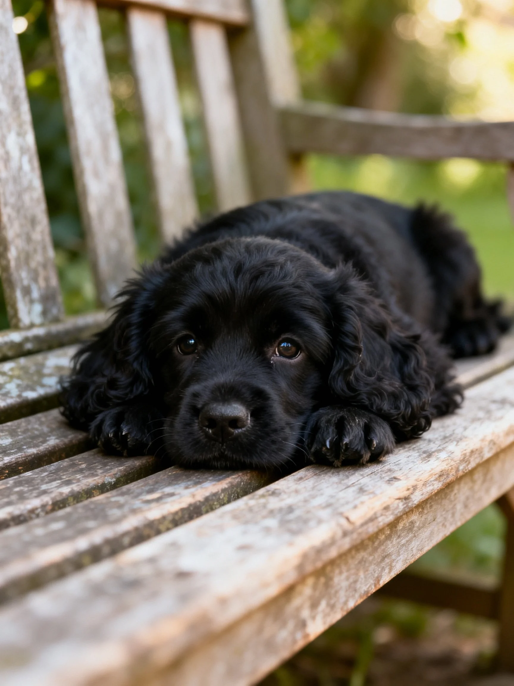 A black puppy relaxes on a weathered wooden bench in a sunny outdoor setting.