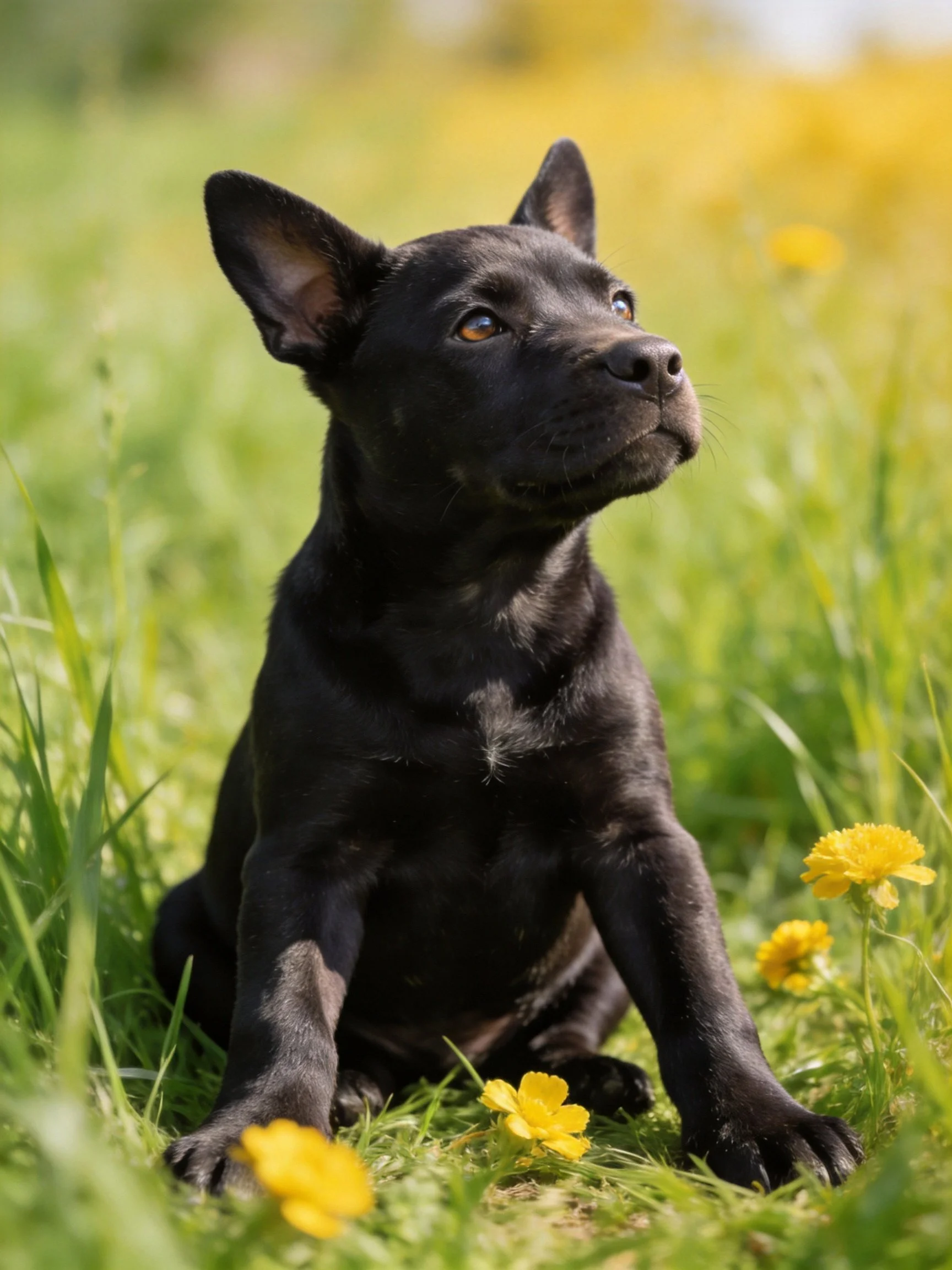 A black puppy relaxes in a sun-drenched grassy field dotted with yellow flowers.
