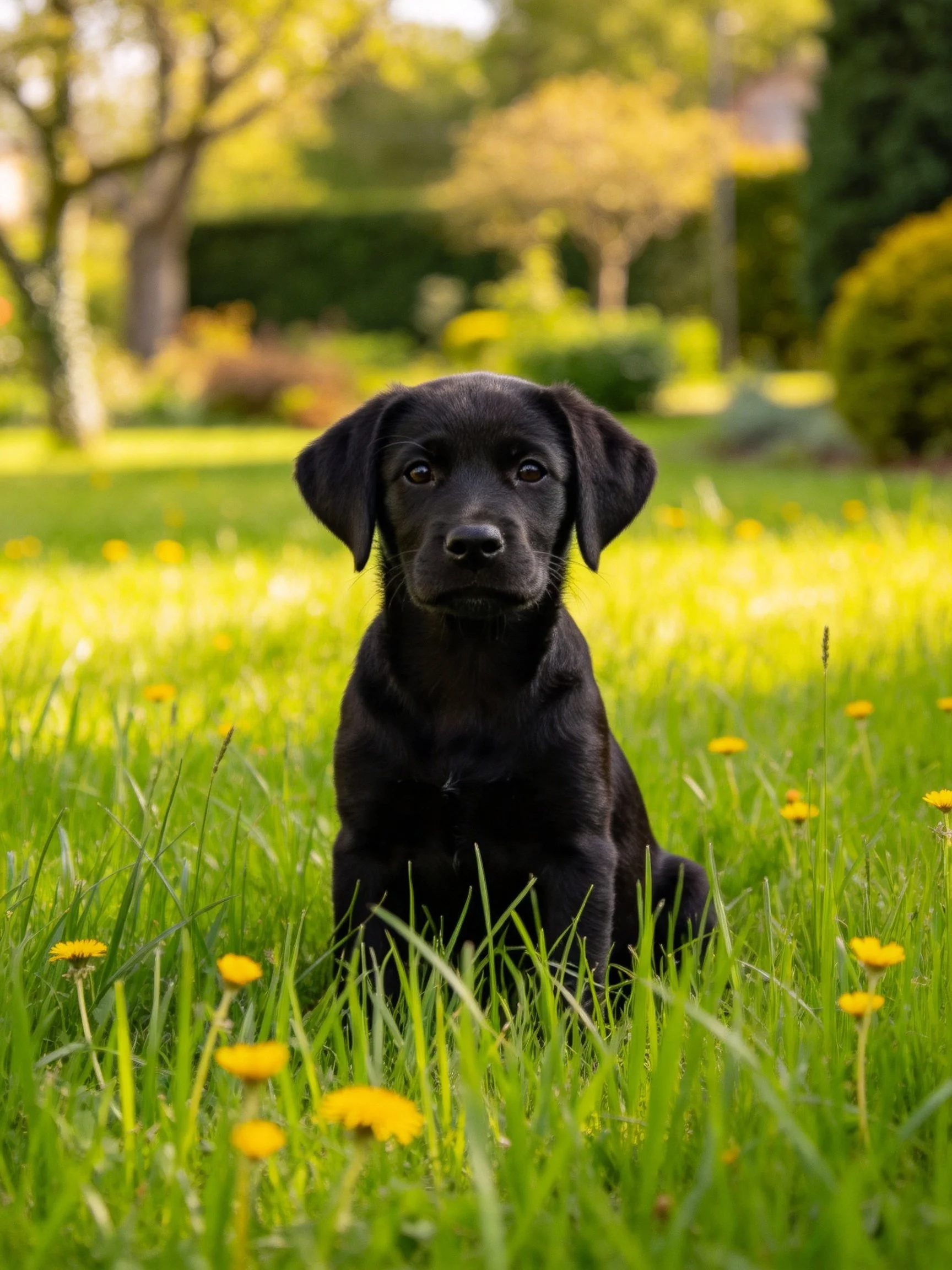 A black puppy sits peacefully in a sunlit meadow of green grass and yellow flowers