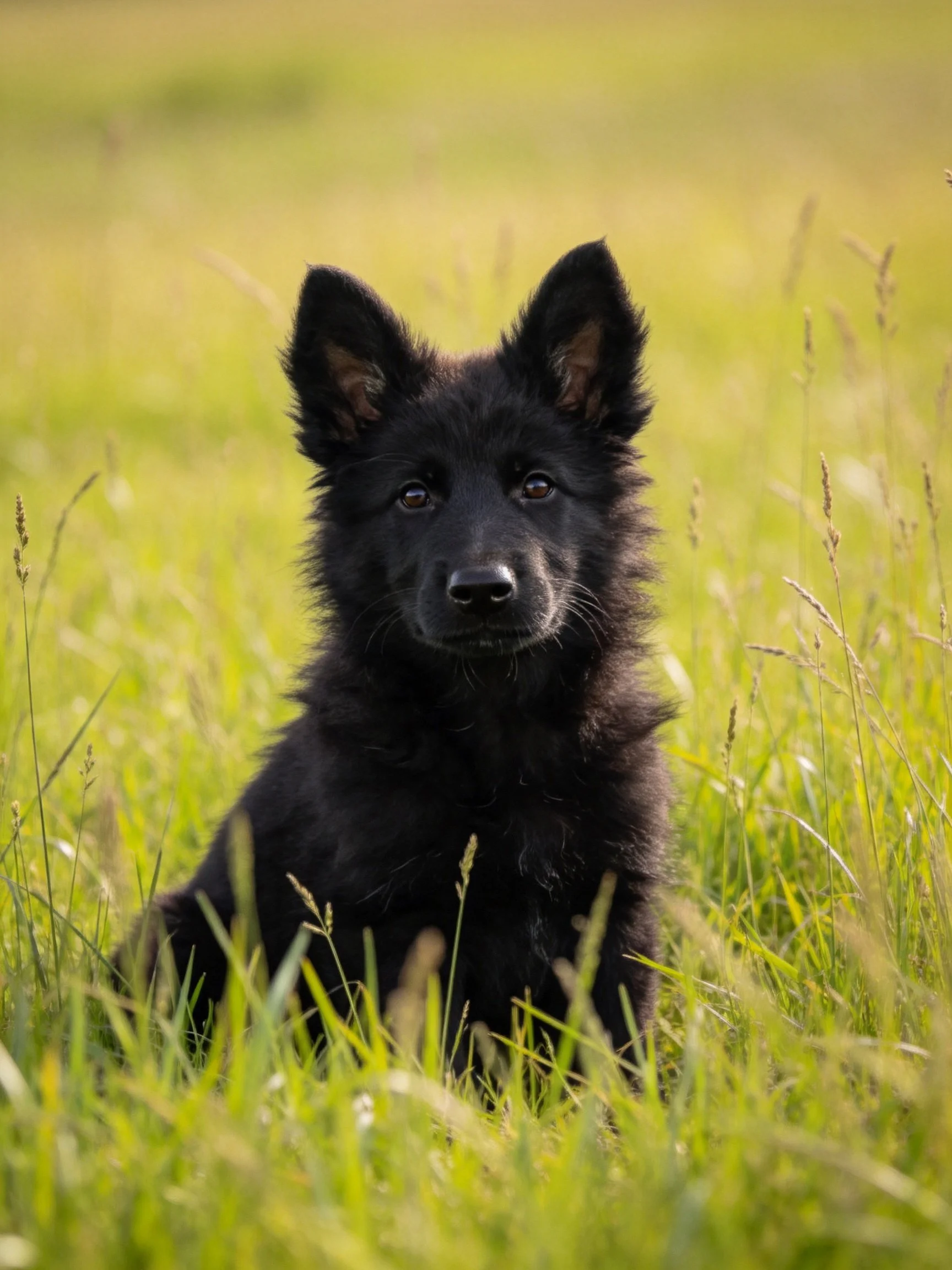 A black puppy sits calmly among tall green grass in a natural outdoor setting.