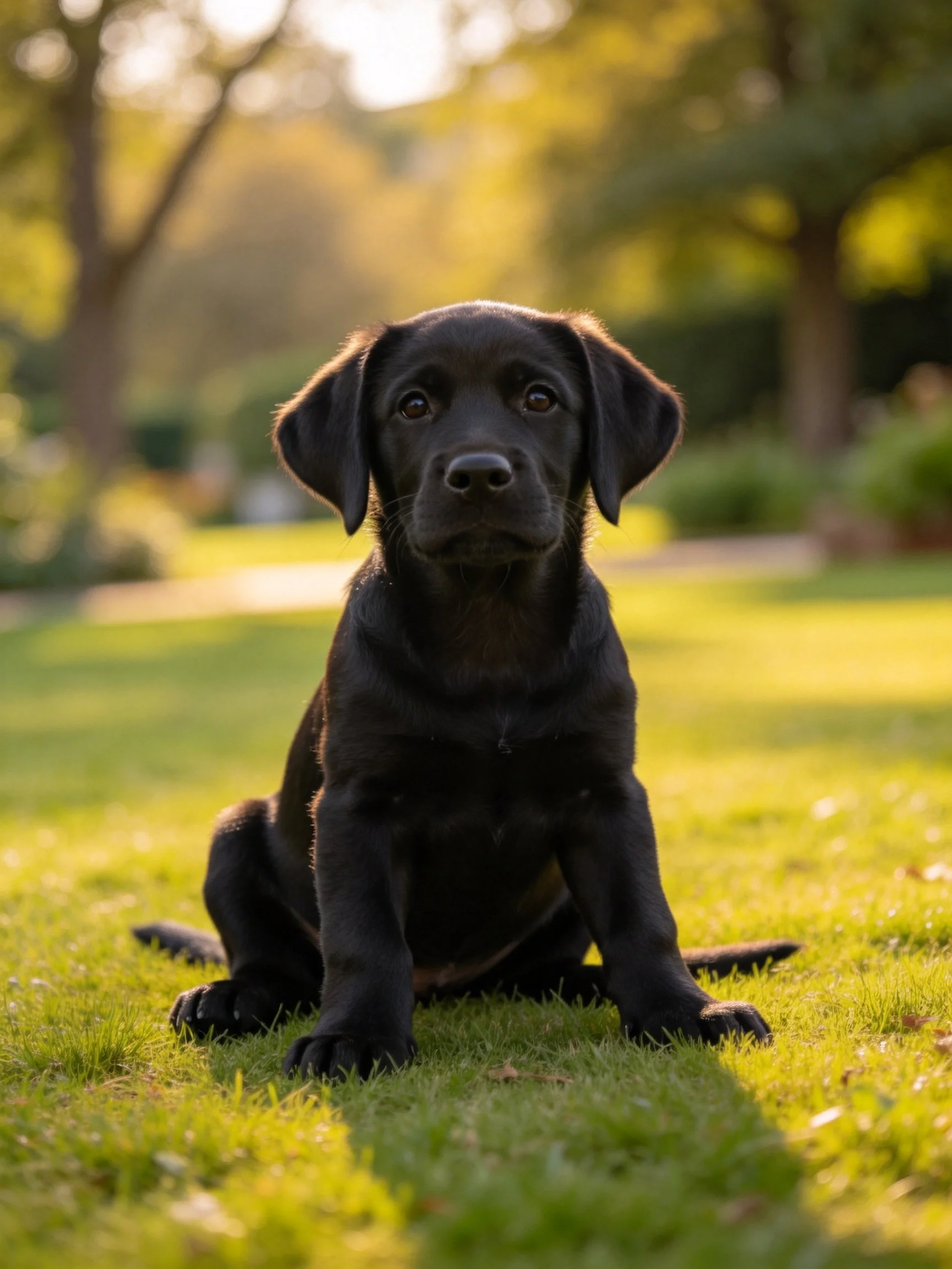 A black puppy sits attentively on sunlit green grass