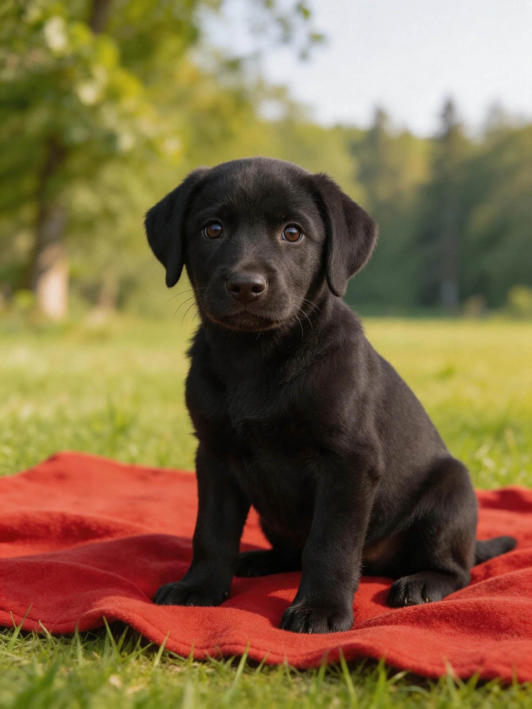 A black puppy rests on a red blanket in a sunlit outdoor setting.